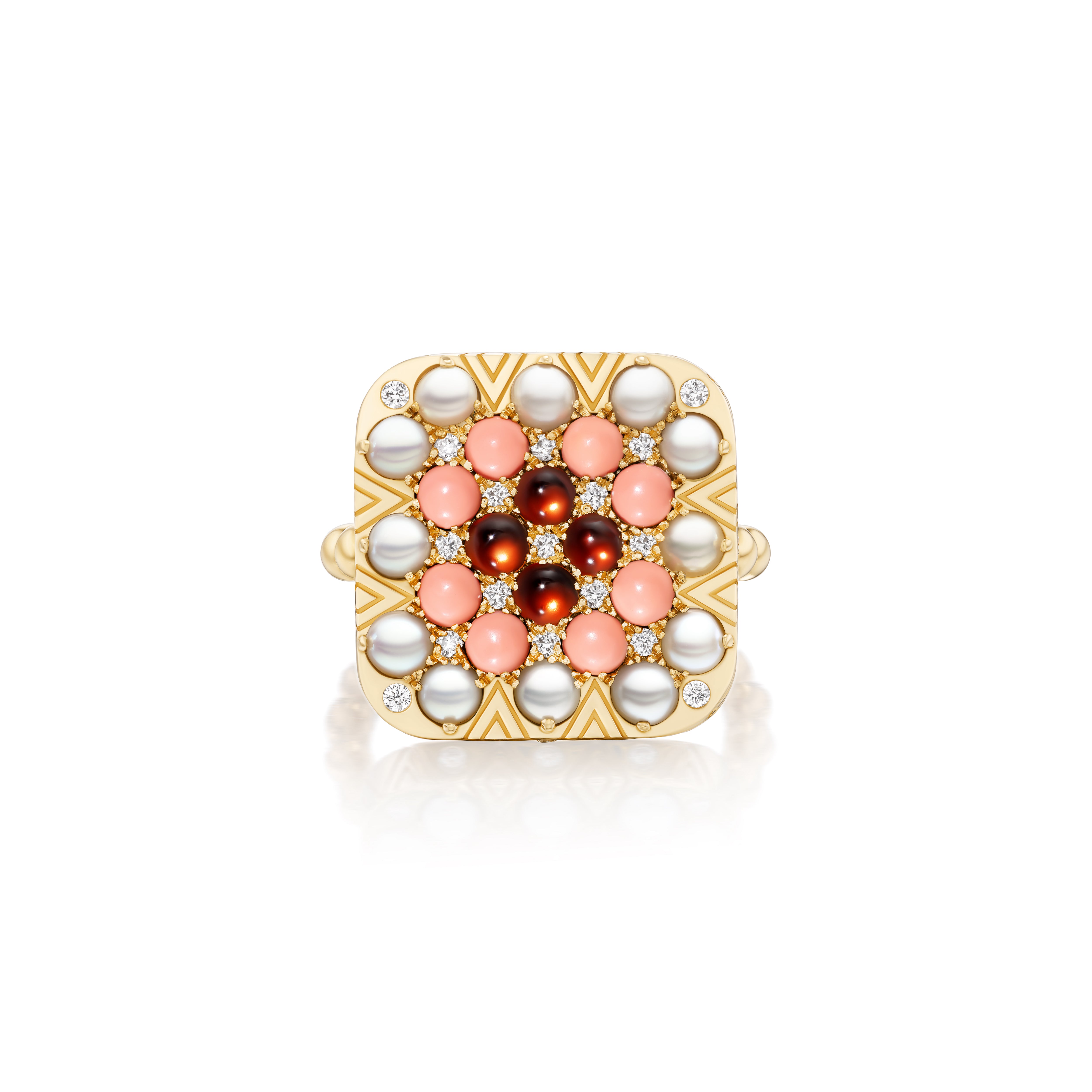 18k yellow gold pearl coral and red garnet diamong granny square ring agnes by Harwell Godfrey Tiny Gods 