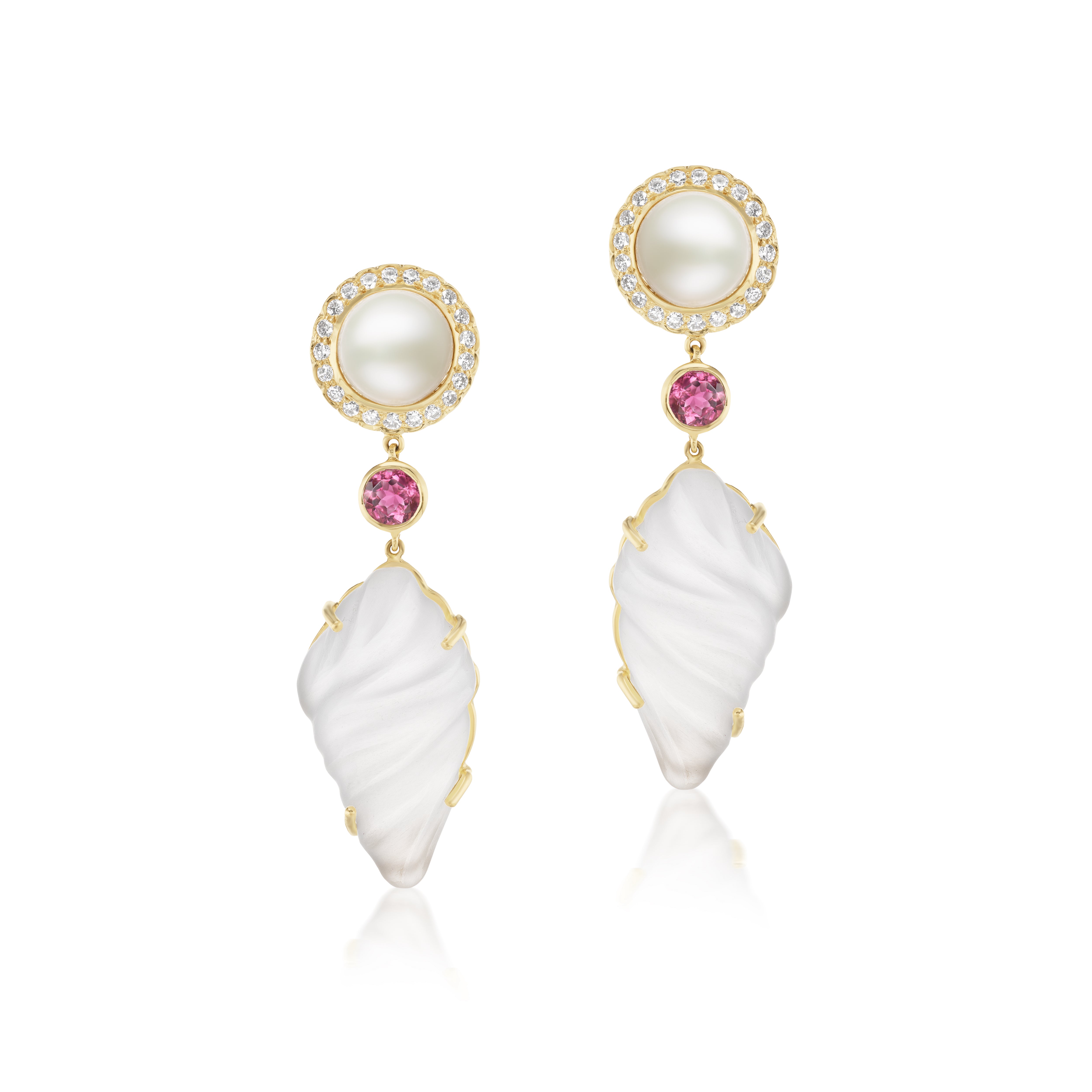 18k yellow gold mother of pearl diamond halo drop earrings with carved crystal and rubellite earrings by Tallin Tiny Gods 