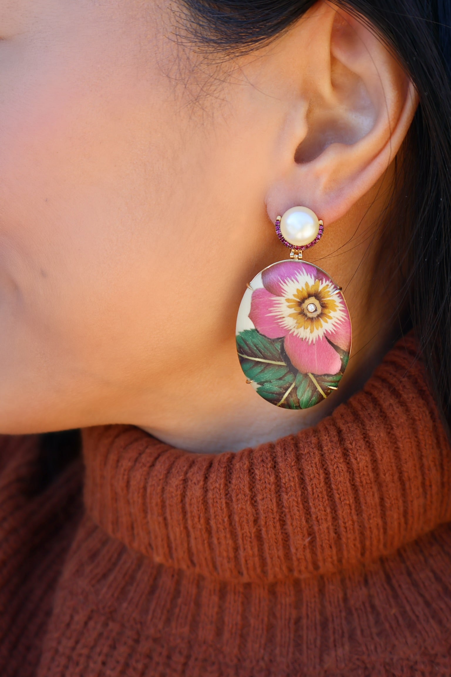 18k yellow gold white pearl ruby diamond oval pink rose marquetry flower earring by Silvia Furmanovich Tiny Gods 