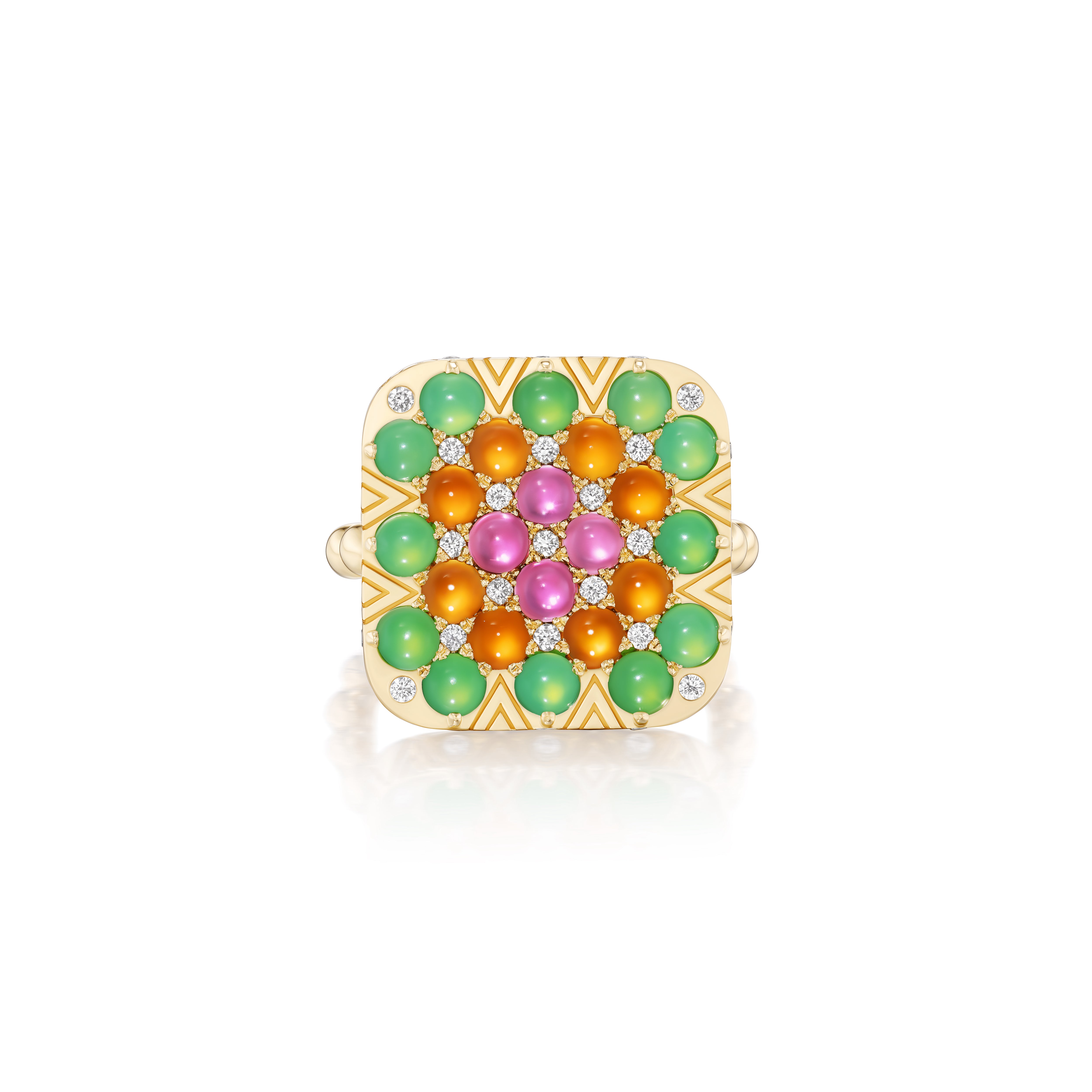 18k yellow gold Peggy granny square green chrysoprase, pink tourmaline and carnelian ring by Harwell Godfrey Tiny Gods 