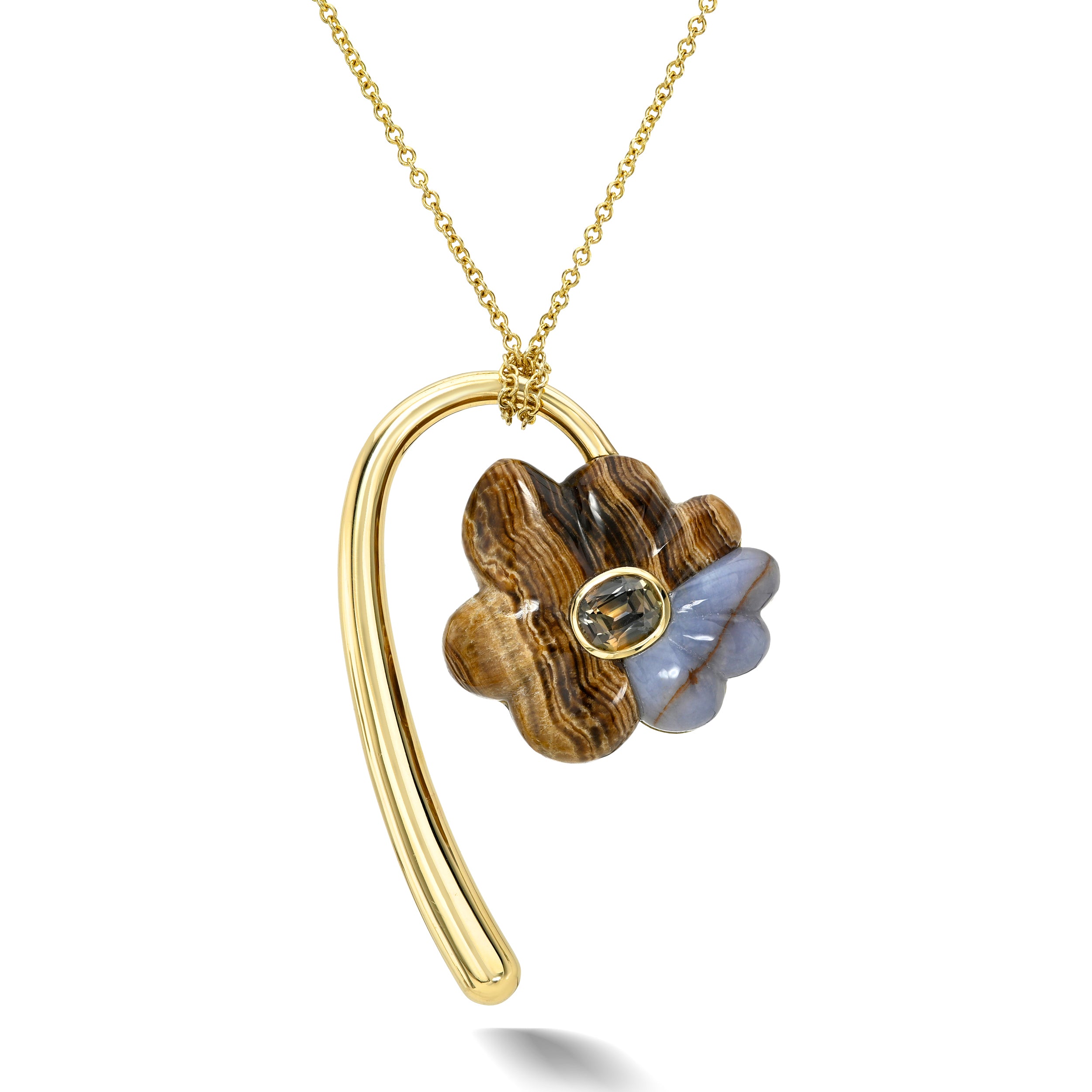 Large Wood & Chalcedony Bond Flower with Sapphire 14k yellow gold retrouvai daisy charm necklace pendant at tiny gods
