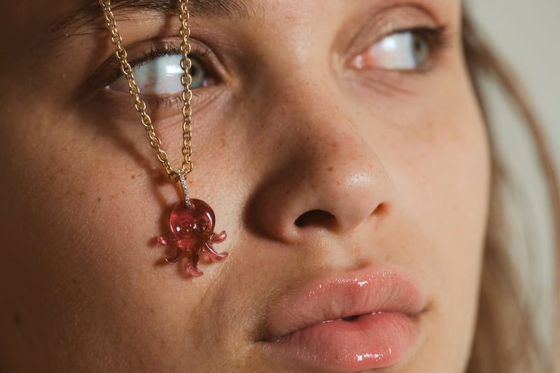 18k yellow gold pink tourmaline bicolor carved octopus pendant with diamonds by Violette Joaillerie Tiny Gods on model