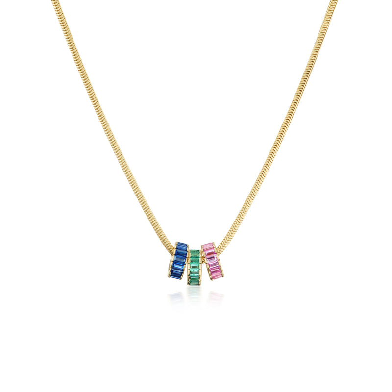 14k yellow gold emerald, blue sapphire and pink sapphire baguette rondelle bead pendant charm Tiny Gods Foundrae