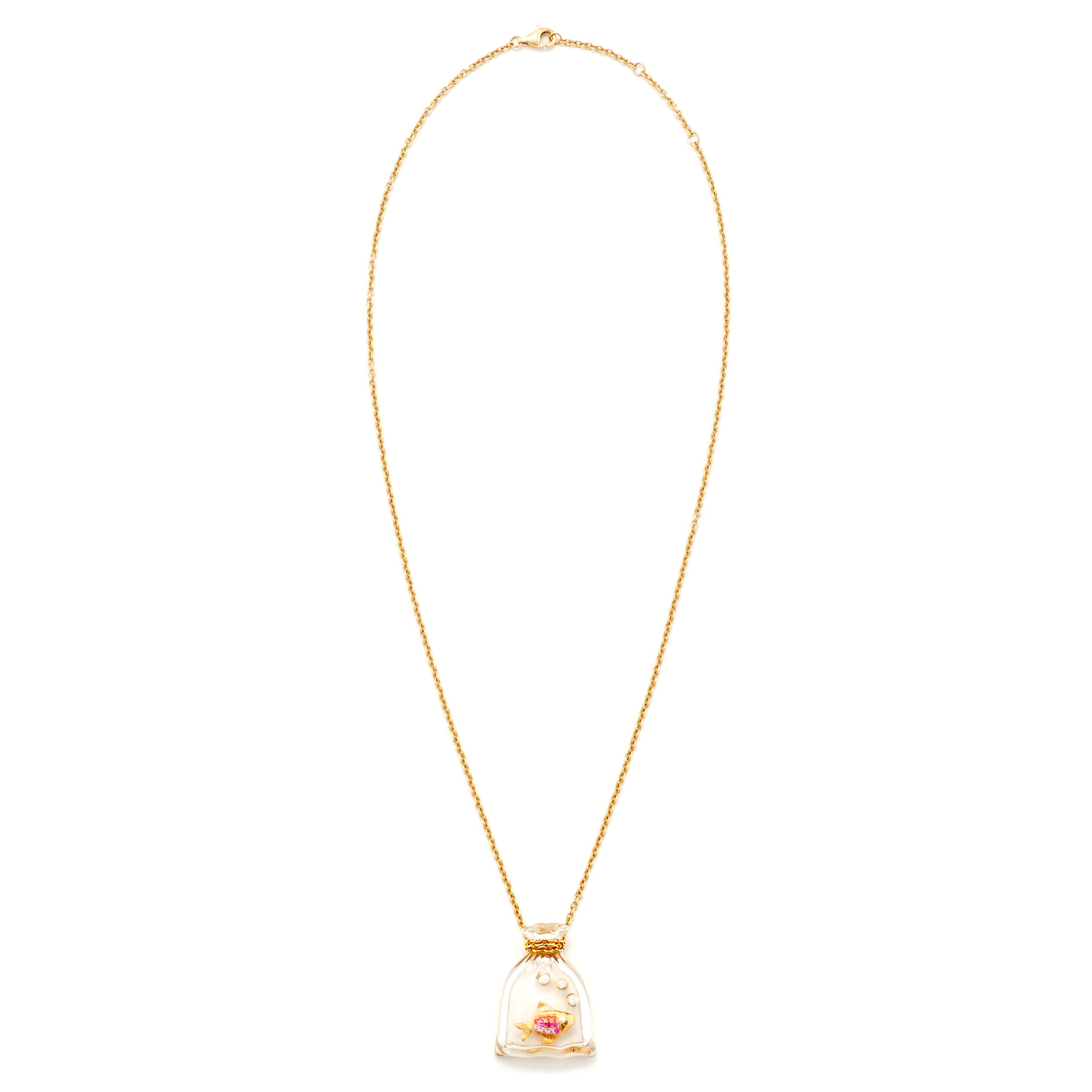9k yellow gold pink sapphire fish in a crystal carved bag pendant by Yvonne Leon Tiny Gods 