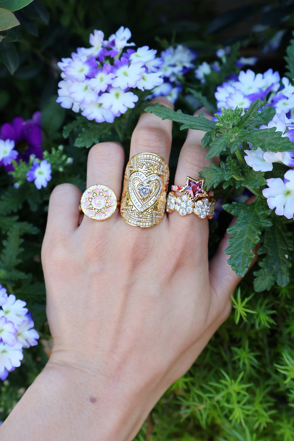 20k yellow gold pink and white enamel mandala coin ring by Buddha Mama Tiny Gods