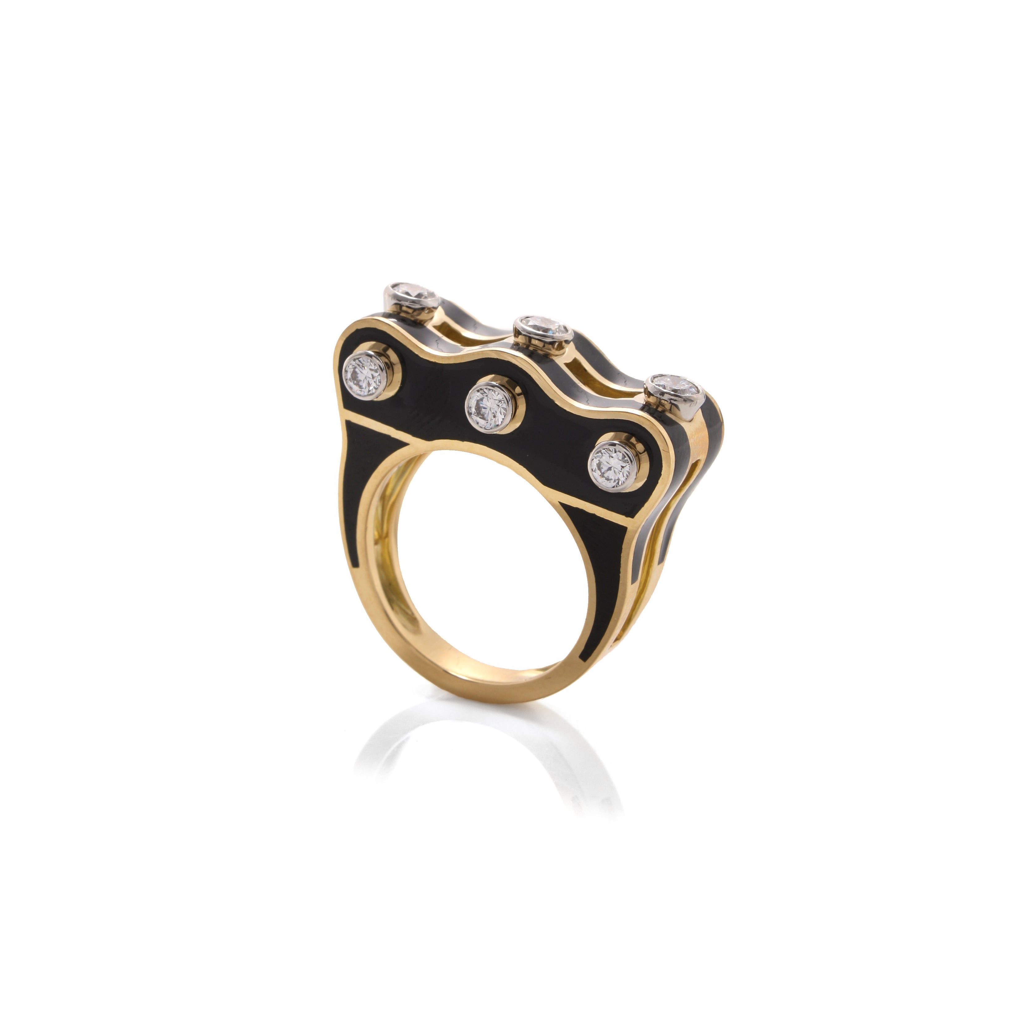 yellow gold platinum black enamel small wave studlette diamond ring David Webb tiny gods 