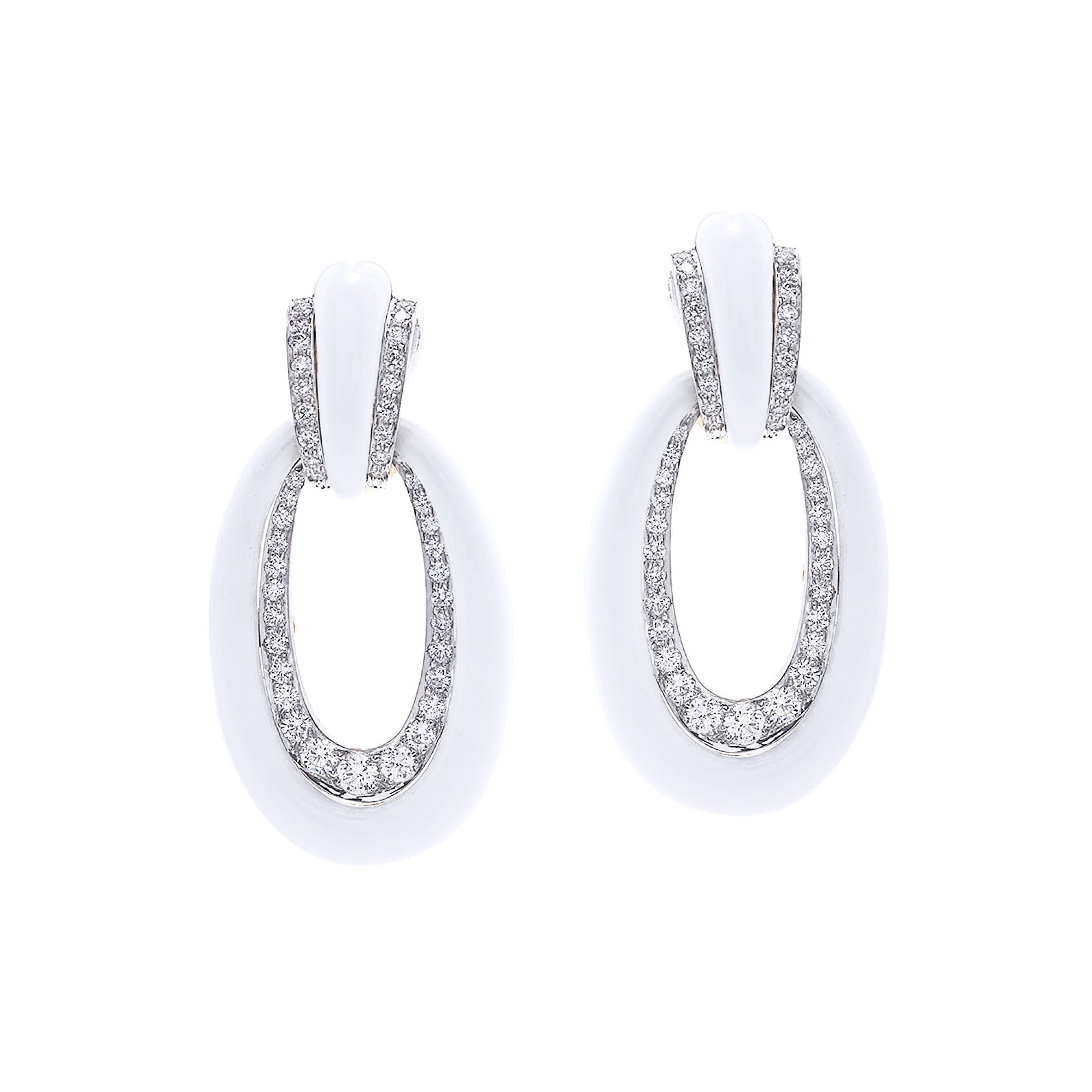 18k yellow gold and platinum brilliant cut diamond long hoop white enamel earrings by David Webb Tiny Gods 