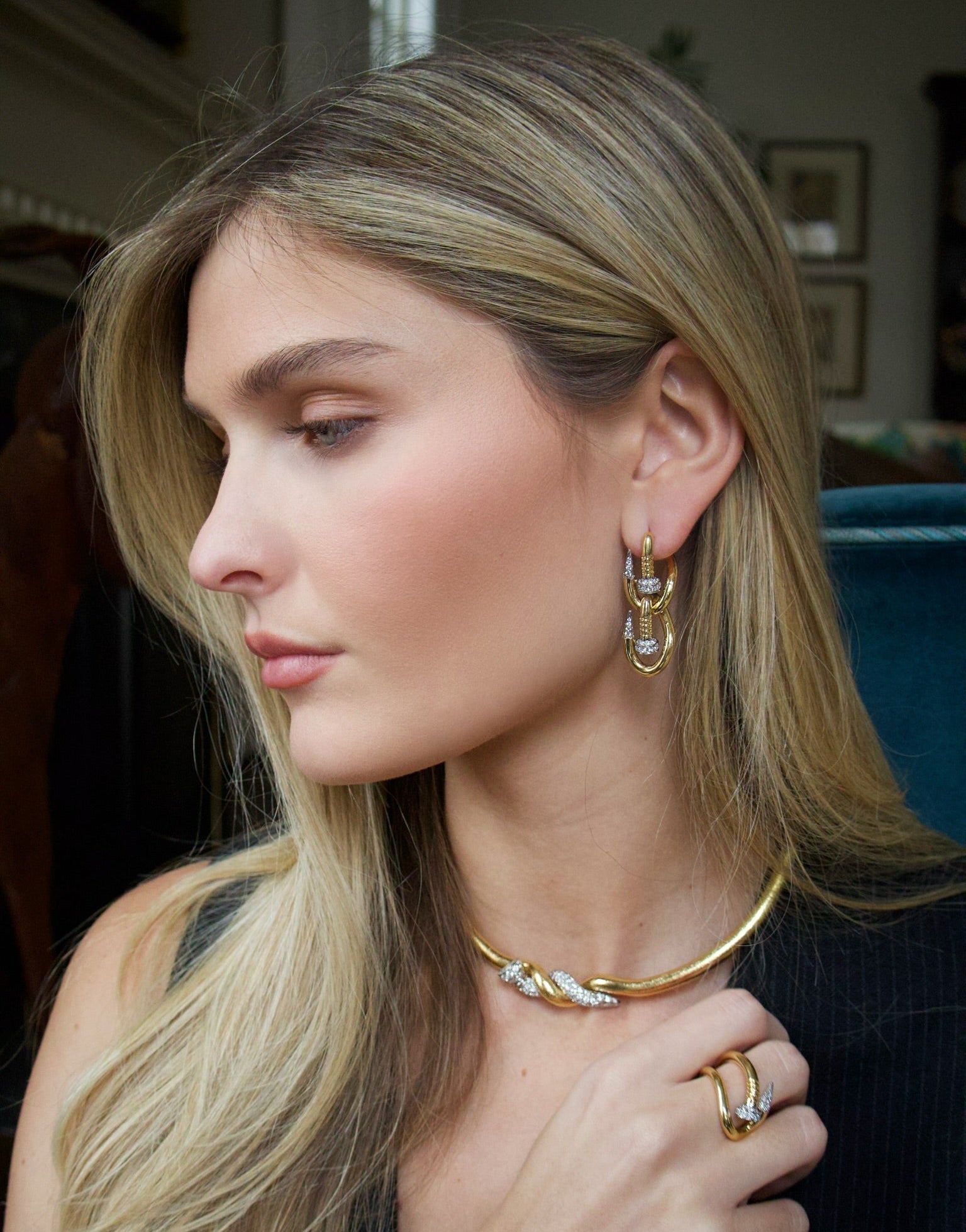 18k yellow gold and platinum double diamond bent nail linked hanging earrings by David Webb Tiny Gods 