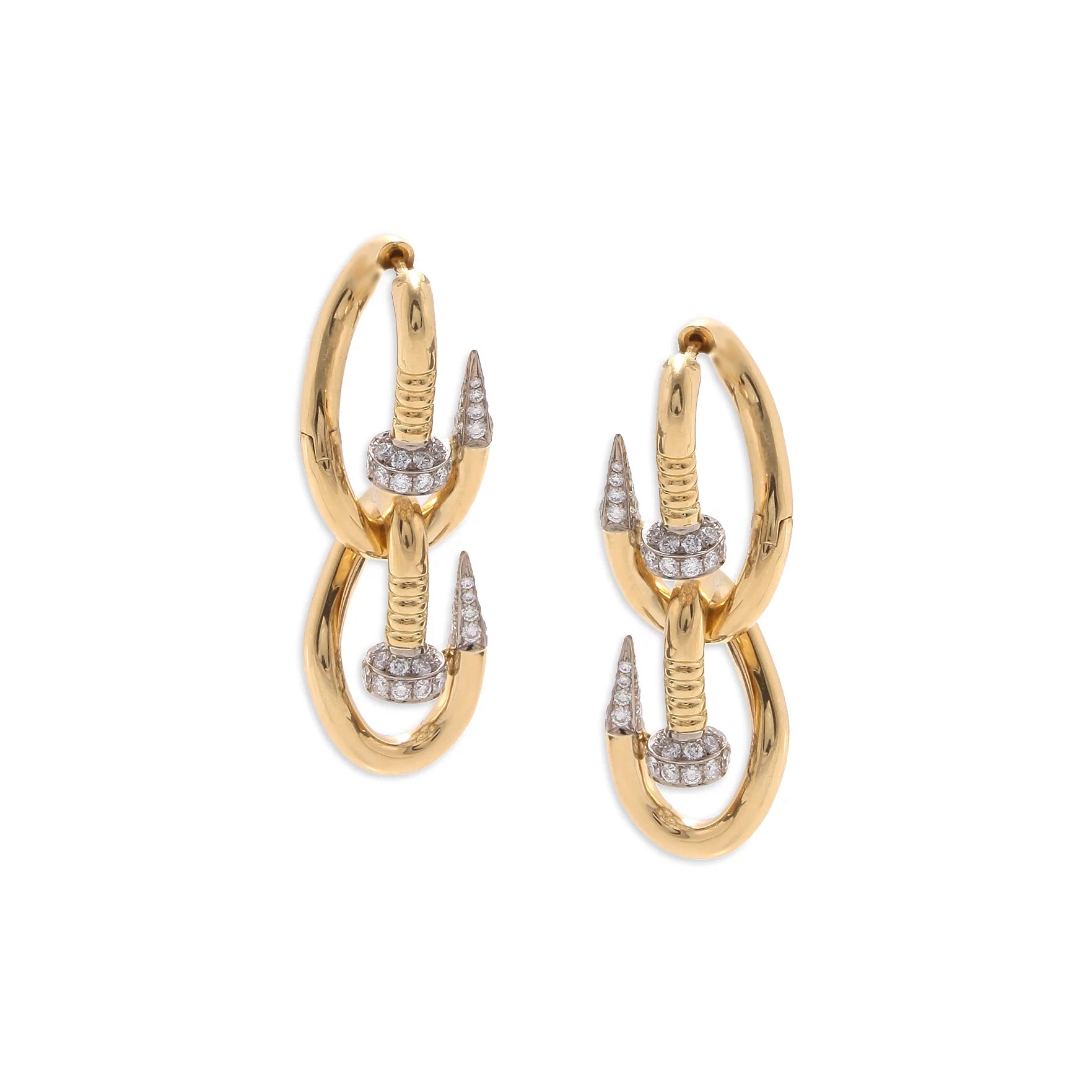 18k yellow gold and platinum double diamond bent nail linked hanging earrings by David Webb Tiny Gods 
