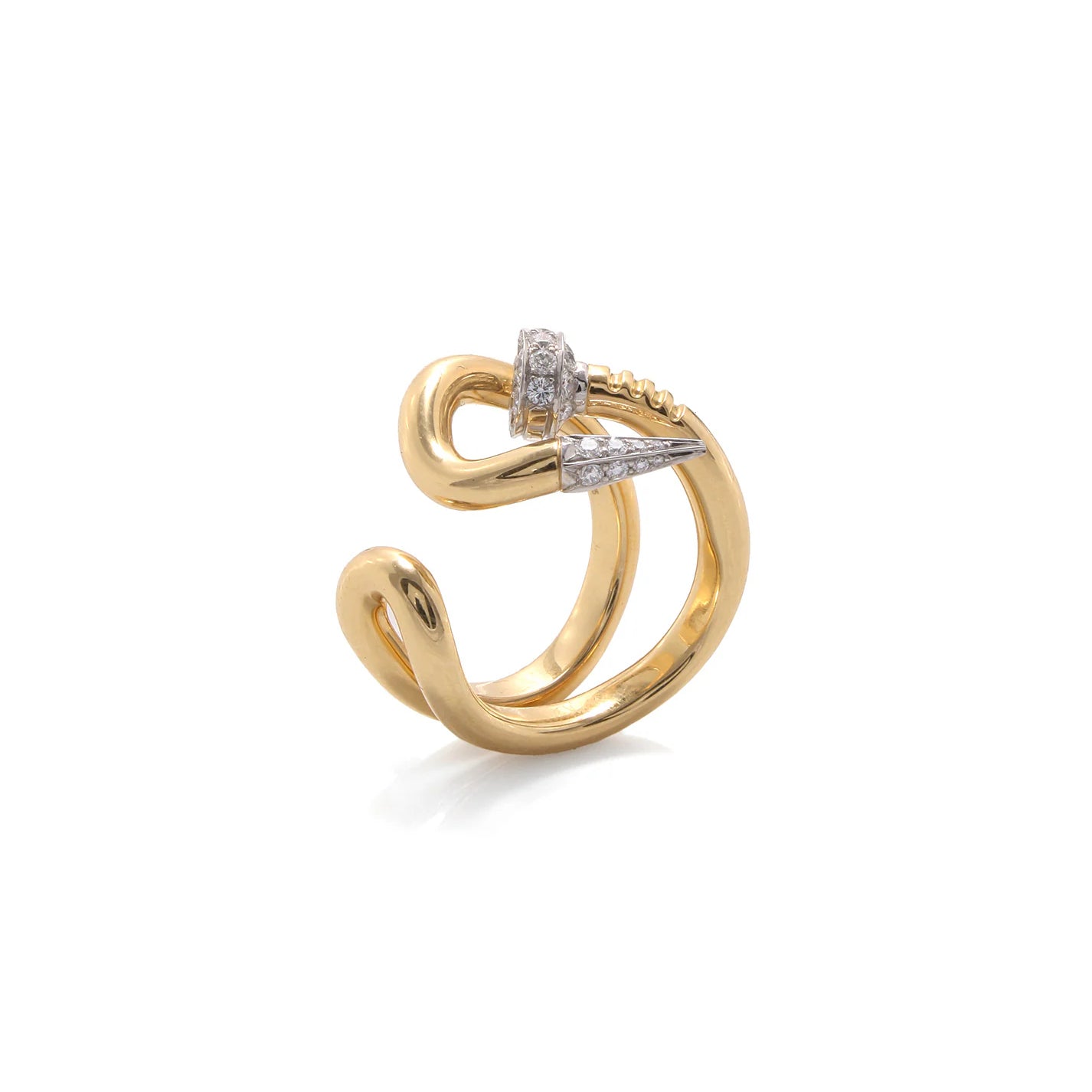 18k yellow gold and platinum brilliant cut diamond bent nail ring by David Webb Tiny Gods 