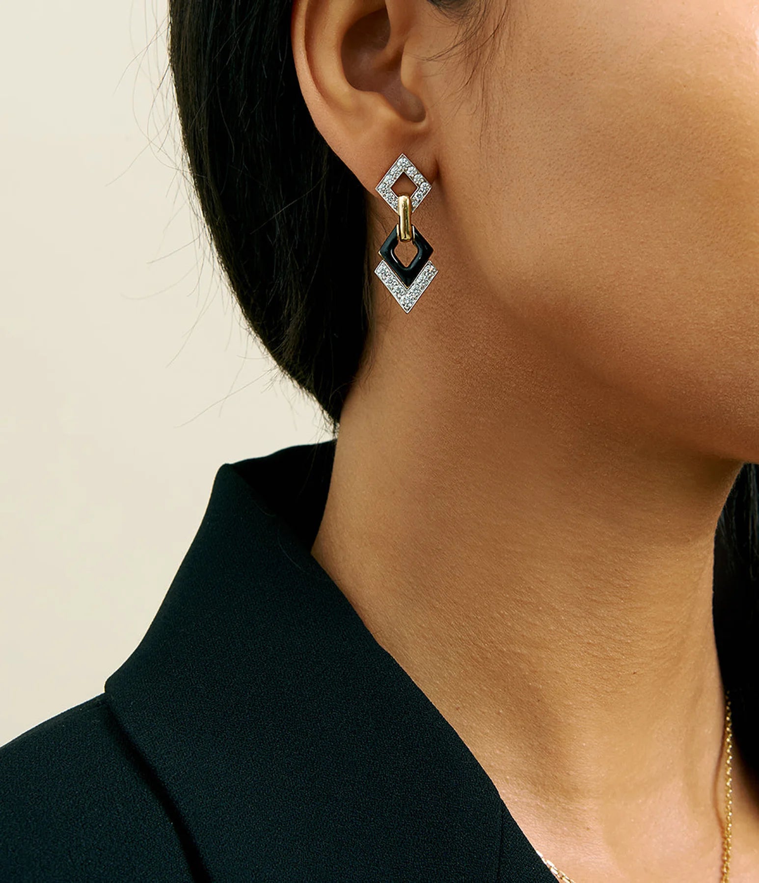 yellow gold platinum double diamond black enamel earring David Webb tiny gods 