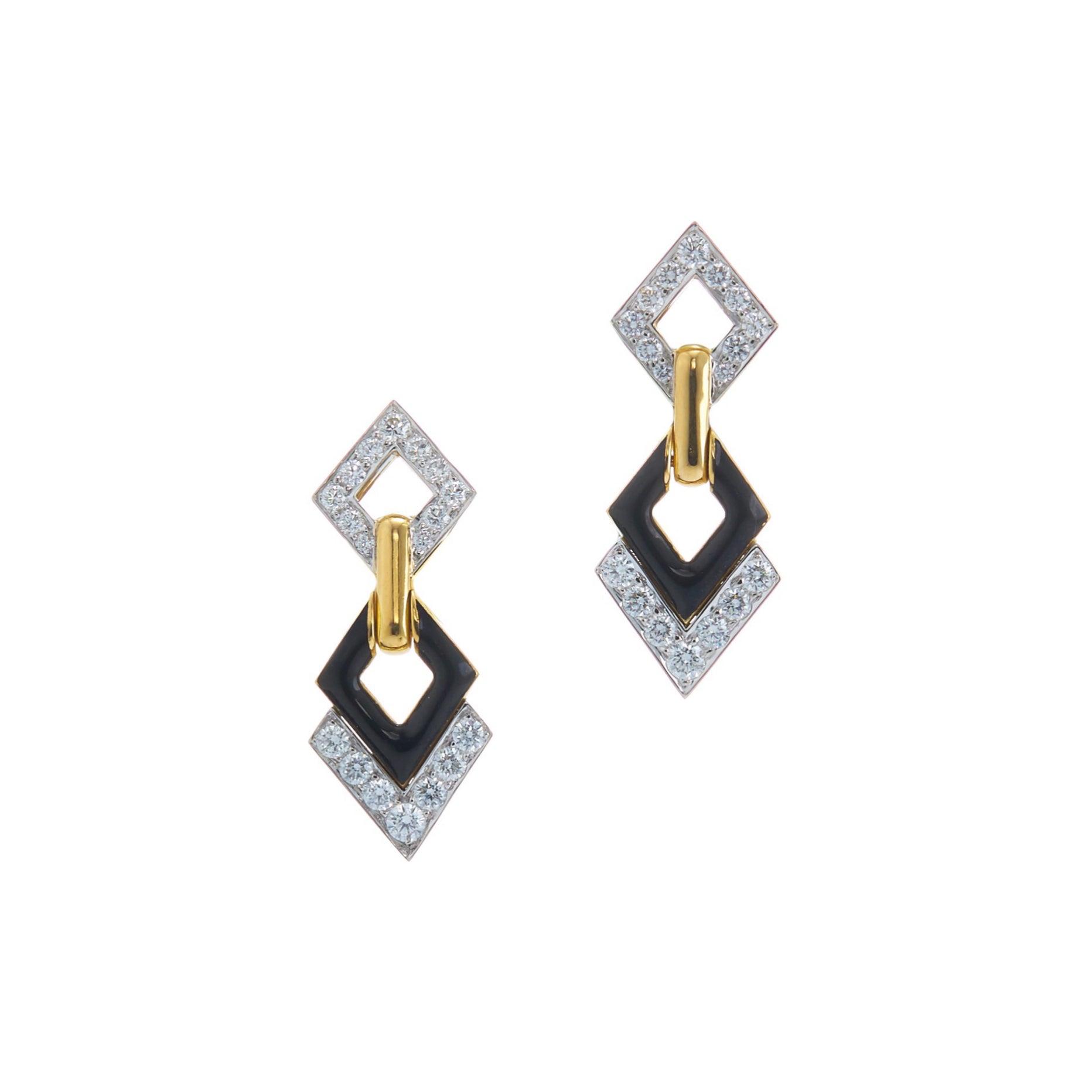 yellow gold platinum double diamond black enamel earring David Webb tiny gods 