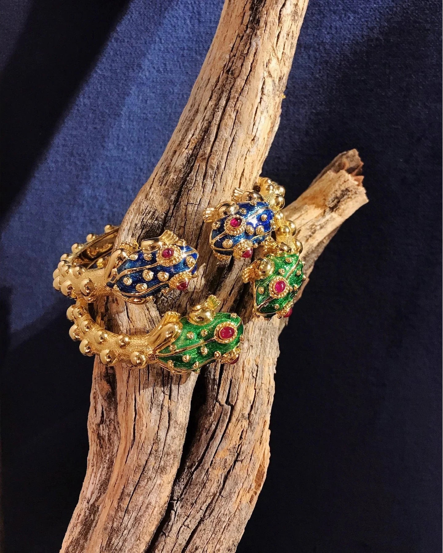 18k yellow gold green enamel baby frog bangle cuff bracelet with ruby eyes by David Webb Tiny Gods 