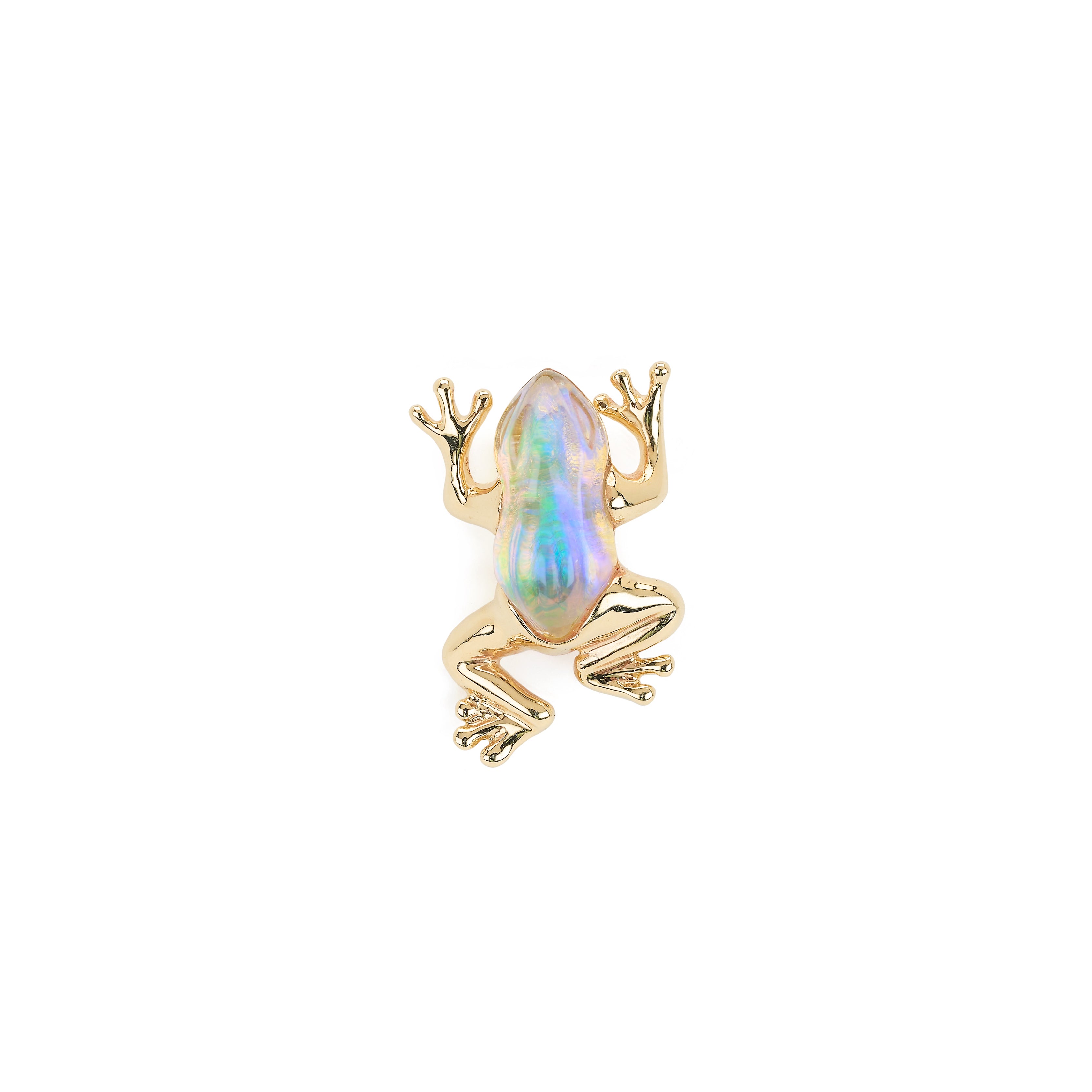 18k yellow gold opal and white quartz carved frog stud earring by Bibi van der Velden Tiny Gods 