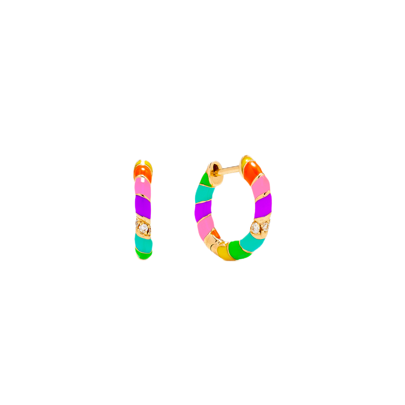 14k yellow gold rainbow enamel huggie hoop earrings by Yvonne Leon Tiny Gods 