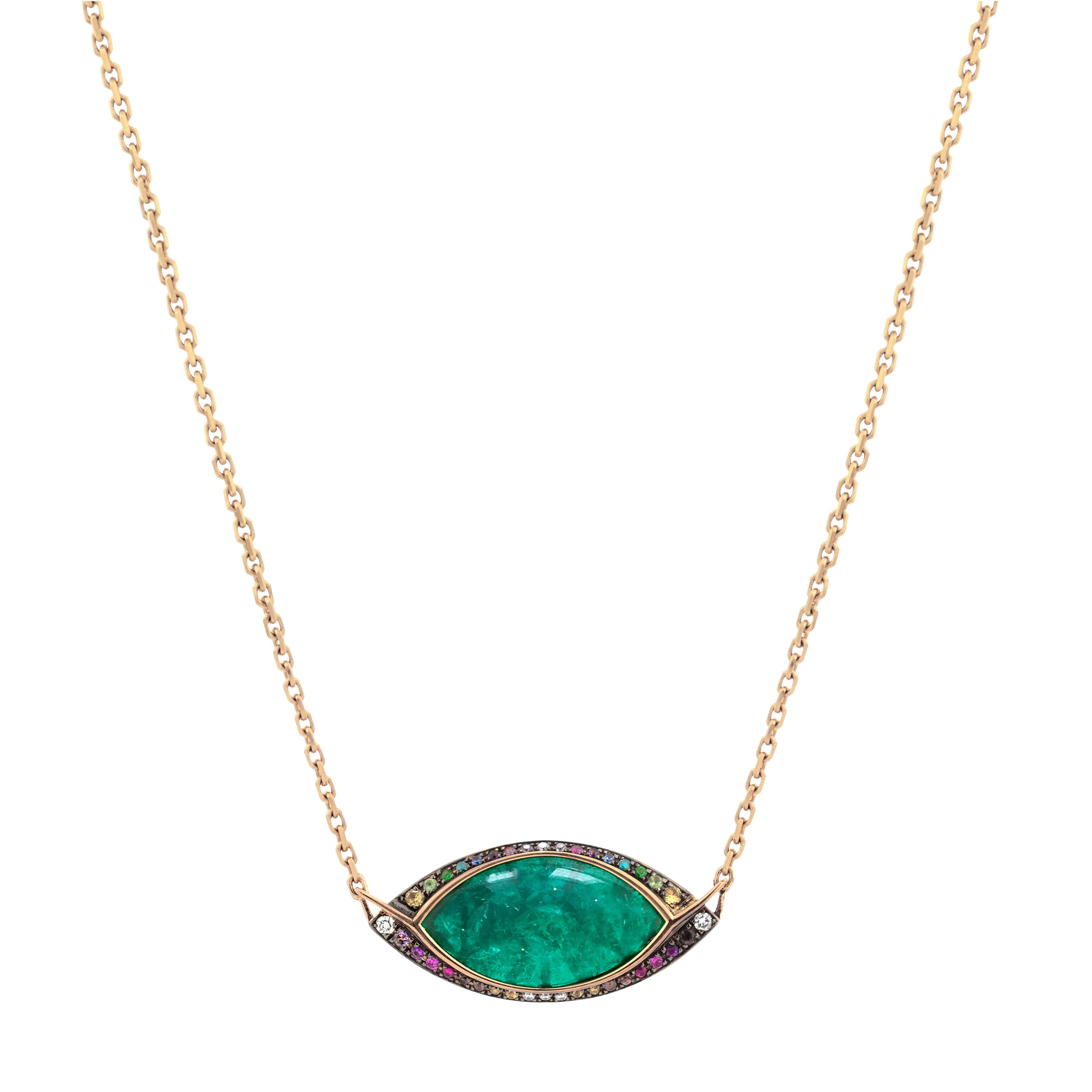 18k yellow gold marquise cut Muzo emerald pendant with rainbow gemstone border pendant necklace by Venyx Tiny Gods 