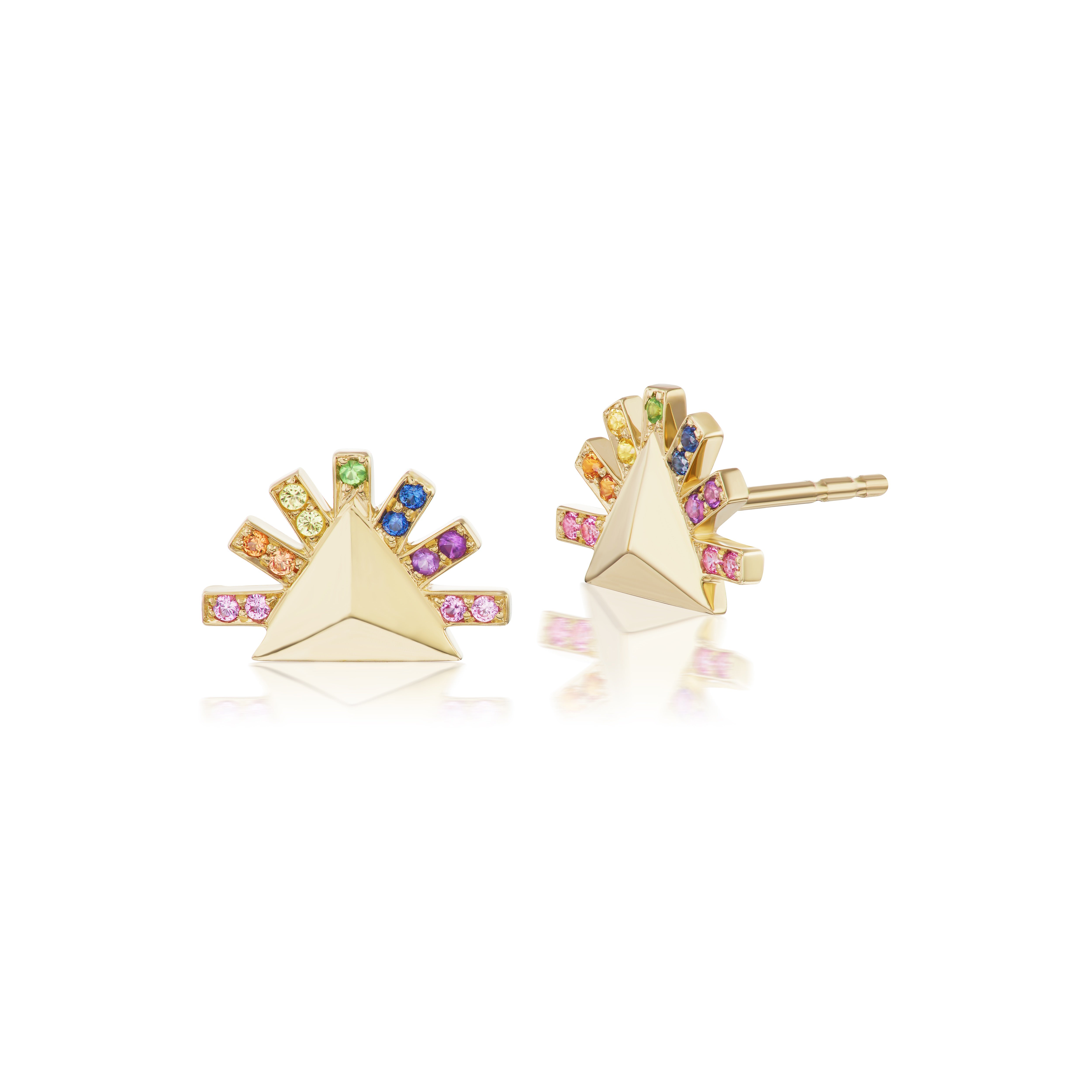 18k yellow gold rainbow sapphire ray sunrise pyramid stud earrings by Harwell Godfrey Tiny Gods 