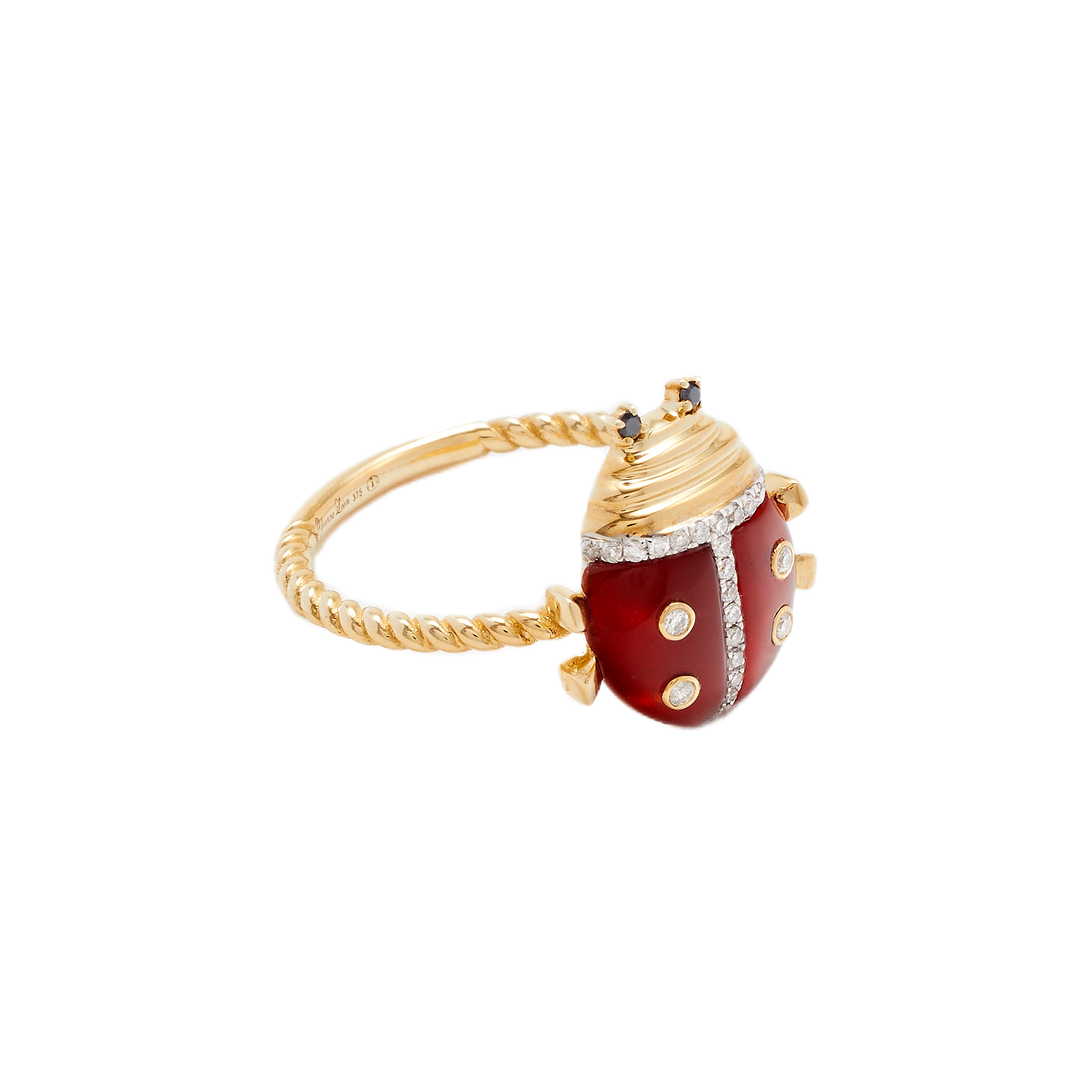 14k yellow gold red enamel diamond ladybug ring by Yvonne Leon Tiny Gods 