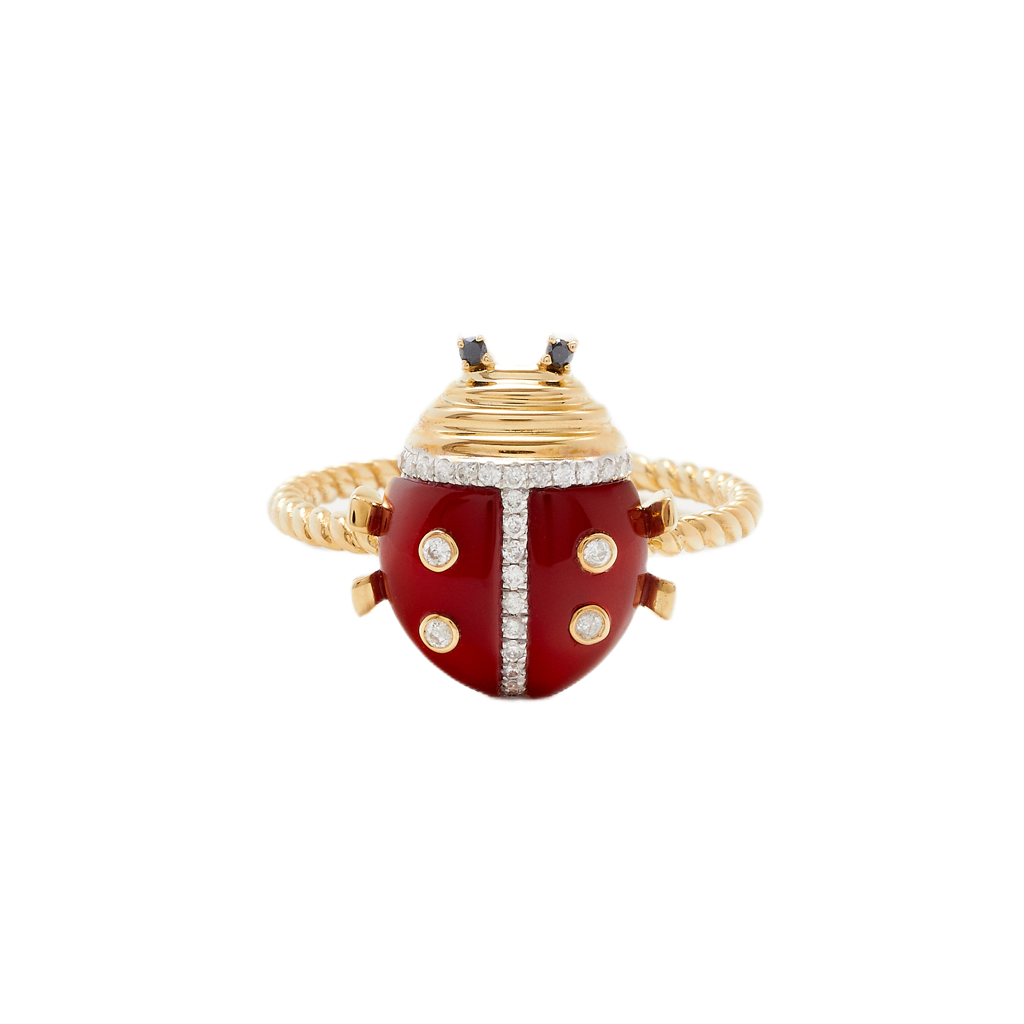 14k yellow gold red enamel diamond ladybug ring by Yvonne Leon Tiny Gods 