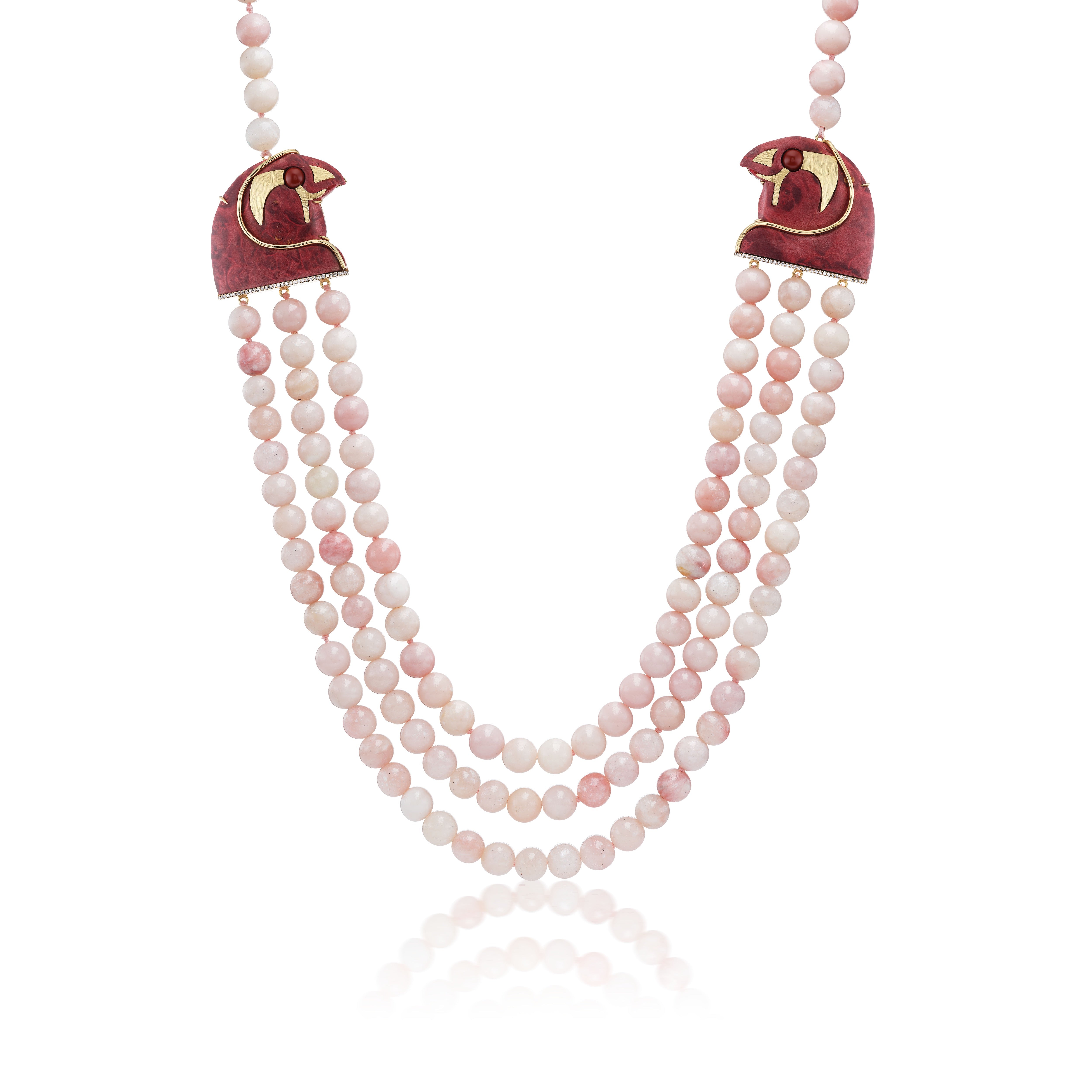 18k yellow gold strawberry pink quartz beaded red jasper carved falcon icon Egypt necklace by Silvia Furmanovich Tiny Gods 