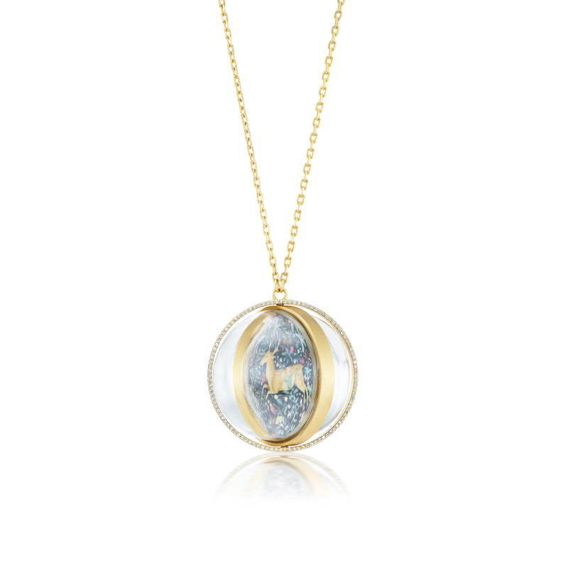 18k yellow gold rock crystal alchemy wedding print stag and unicorn diamond spinning pendant necklace by Silvia Furmanovich Tiny Gods