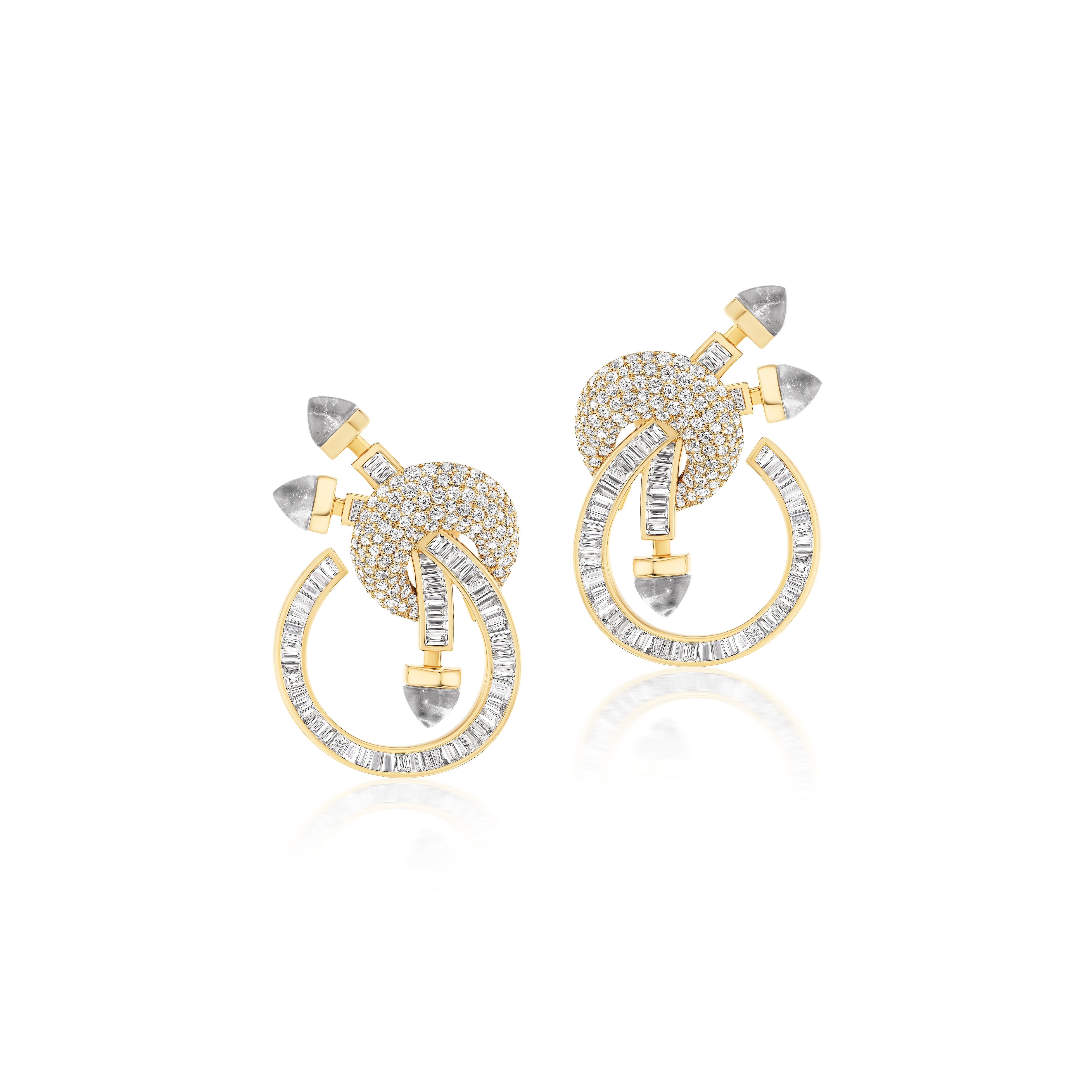 18k yellow gold round white and baguette diamond c-clip chakra earrings by Ananya Tiny Gods 