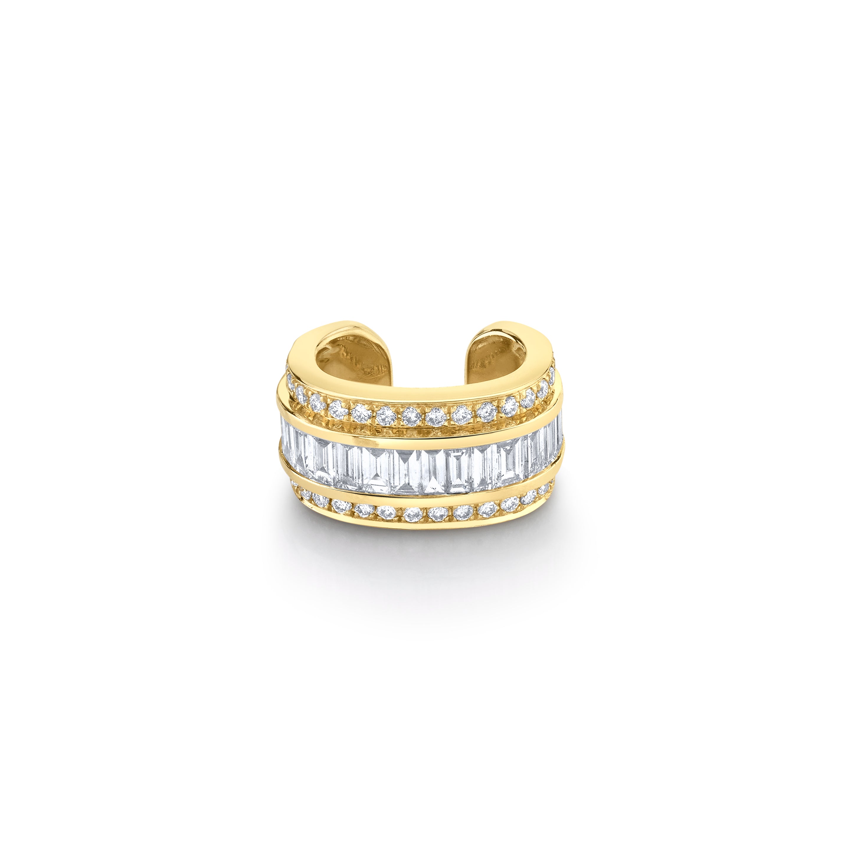 Baguette and Round Diamond Stacked Earcuff yellow gold anita ko tiny gods 