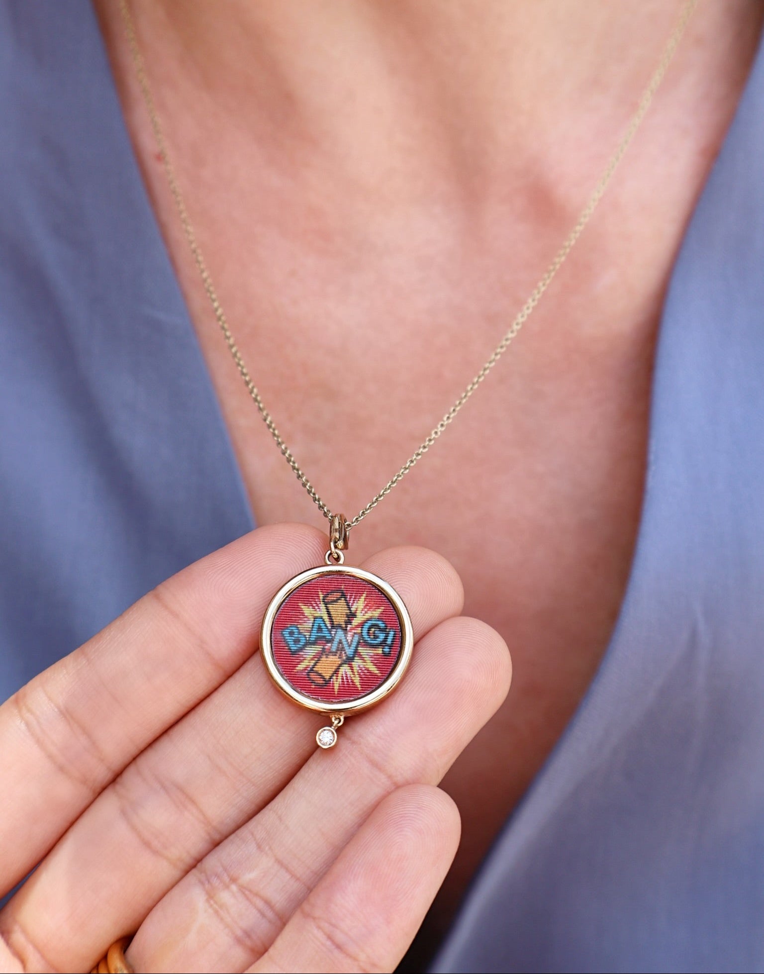9k yellow gold round bang lenticular dynamite pendant red necklace by Francesca Villa Tiny Gods