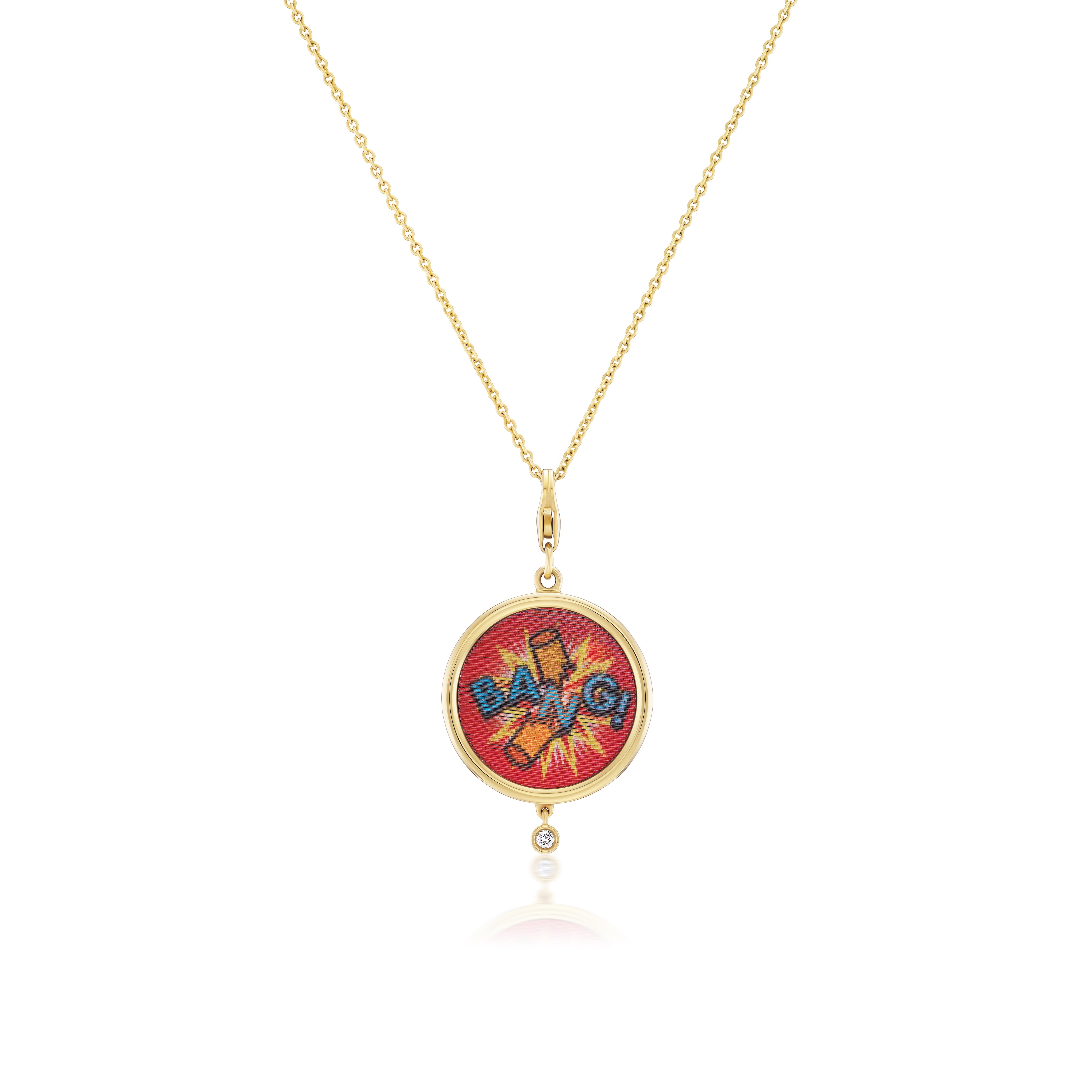 9k yellow gold round bang lenticular dynamite pendant red necklace by Francesca Villa Tiny Gods