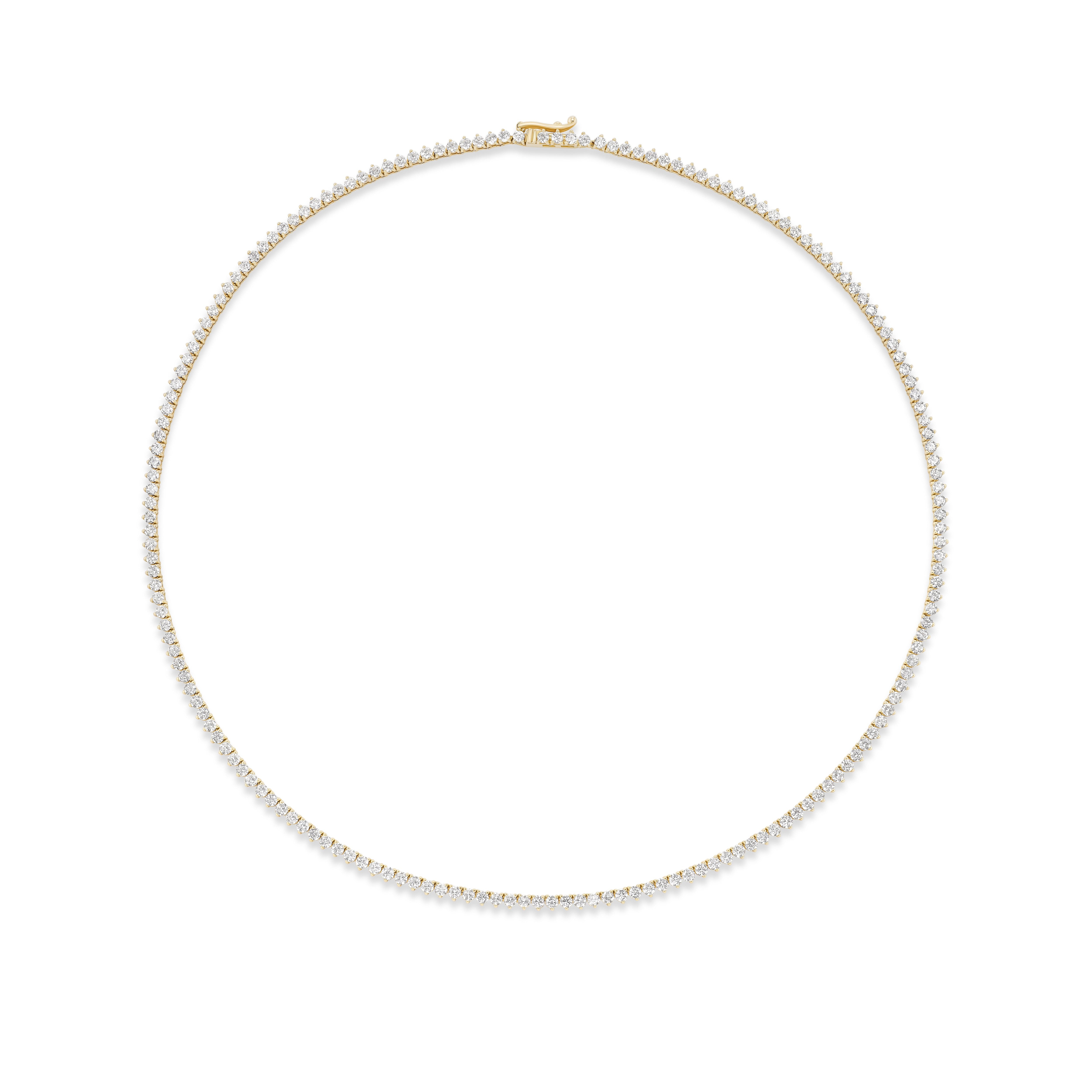 14k yellow gold three prong diamond Riviera tennis necklace invisible setting round diamonds Tiny Gods 