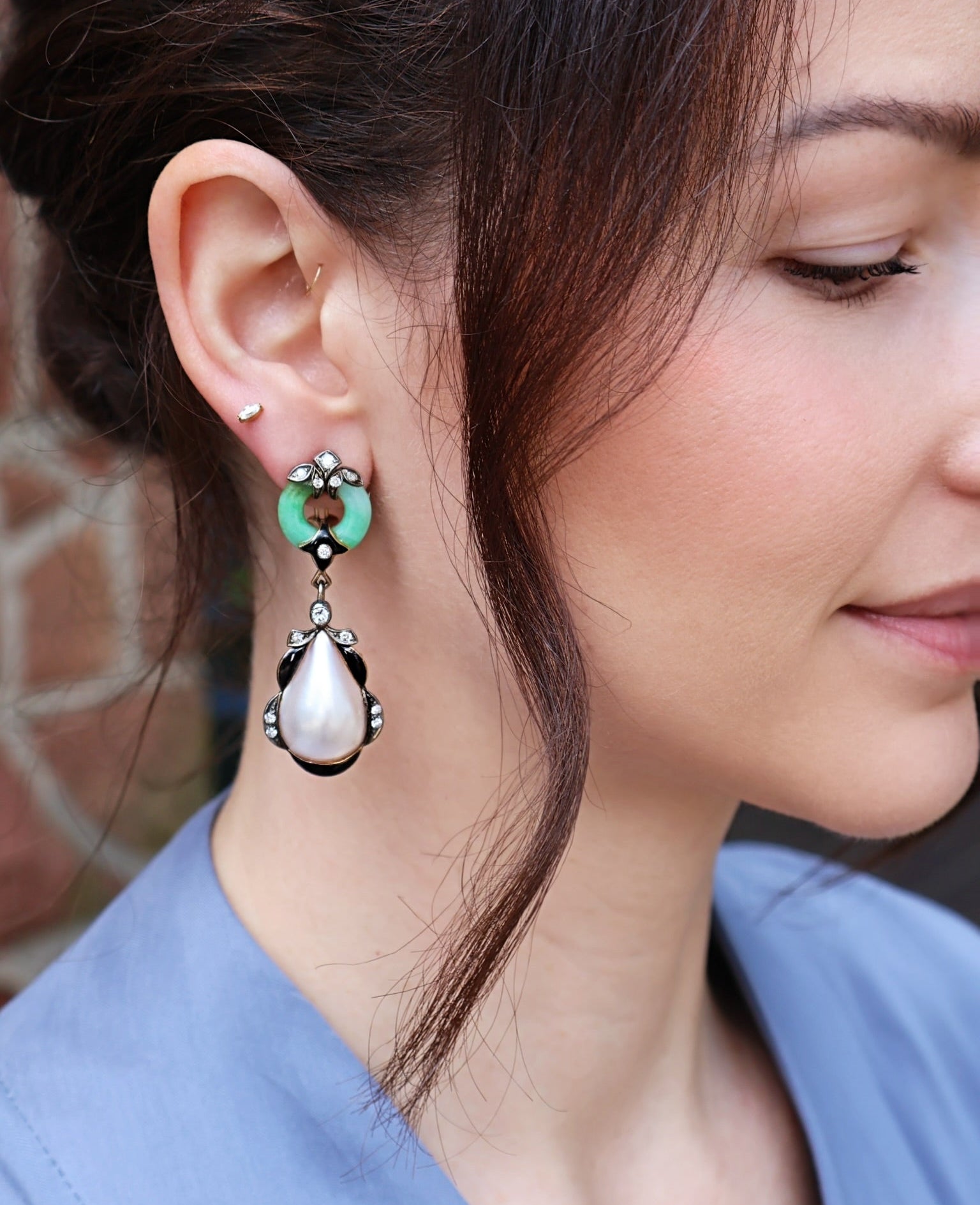 18k yellow gold round jade pearl diamond vintage drop earrings by Tiny Gods