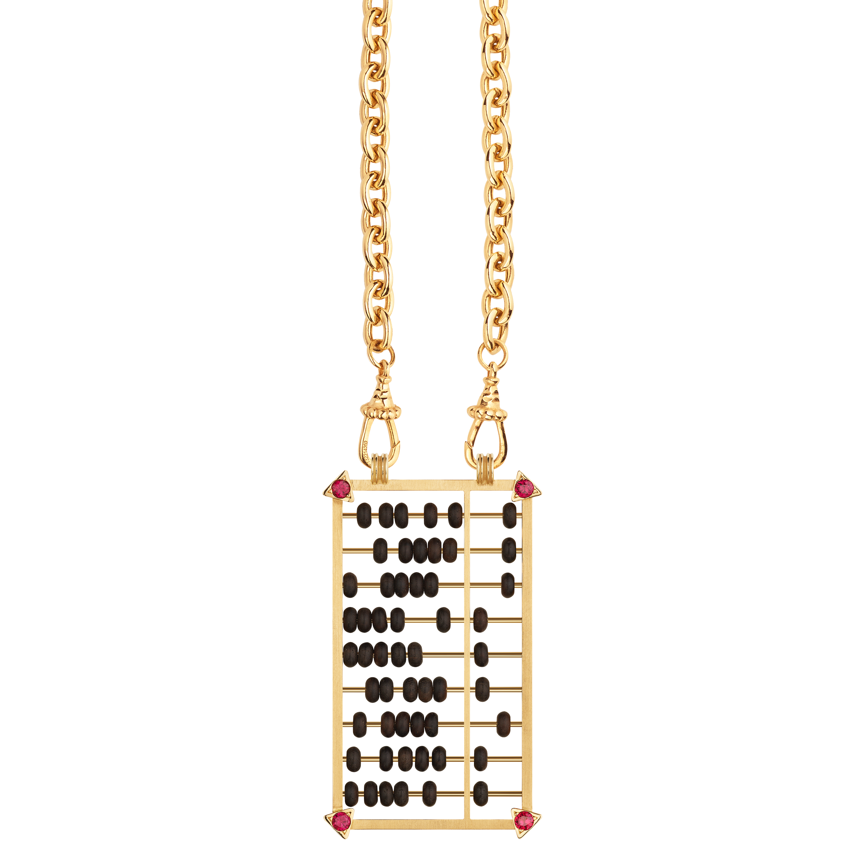 18k yellow gold and ruby black ebony abacus pendant necklace on a rosa classic chain by Marie Lichtenberg Tiny Gods 
