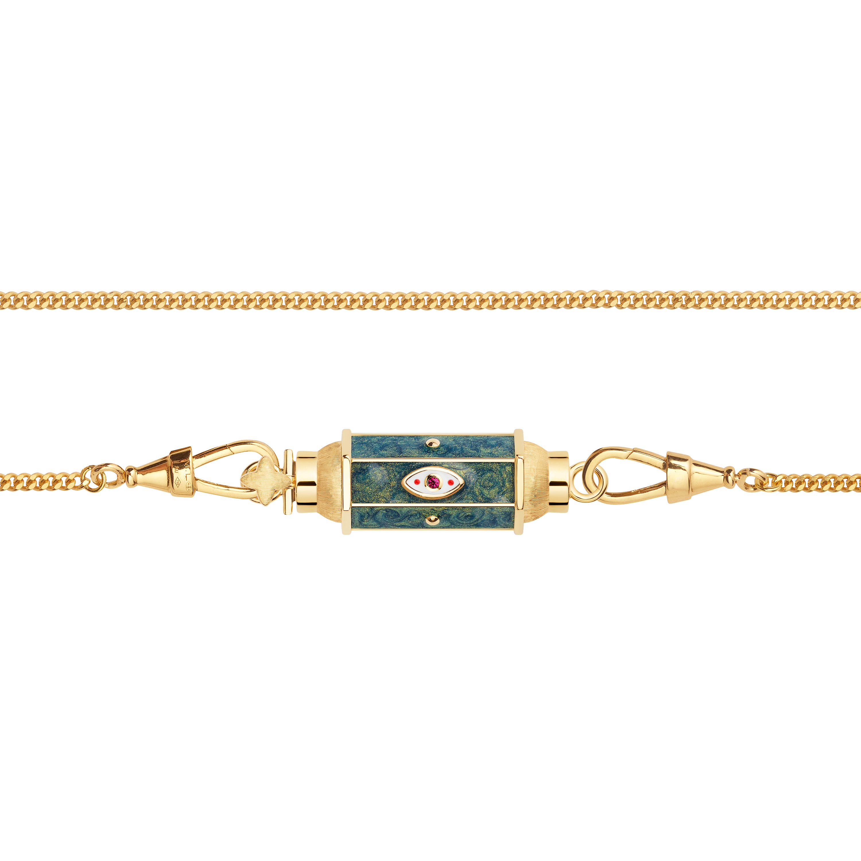 18k yellow gold evil eye green enamel baby locket pendant necklace by Marie Lichtenberg Tiny Gods 