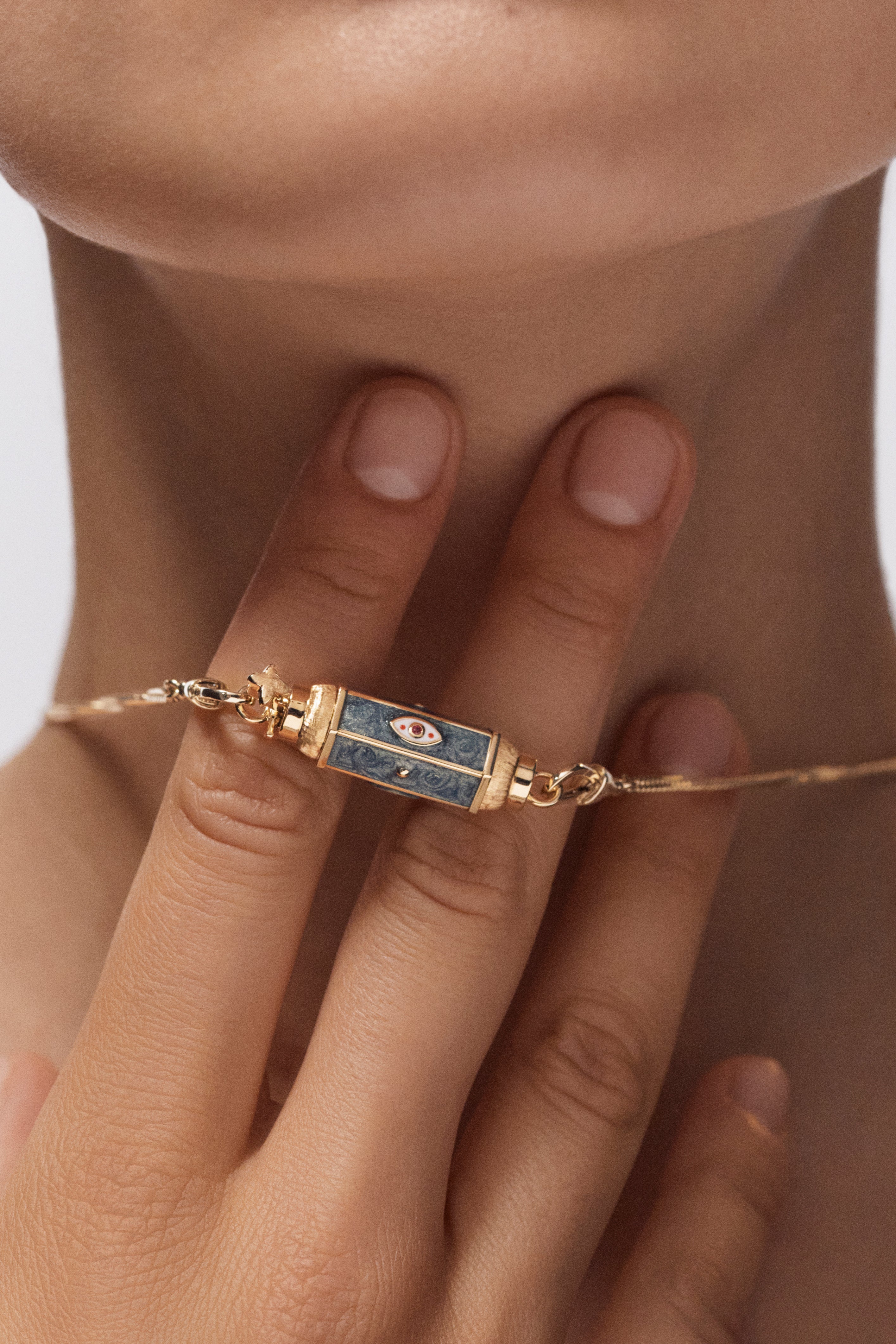 18k yellow gold evil eye green enamel baby locket pendant necklace by Marie Lichtenberg Tiny Gods 