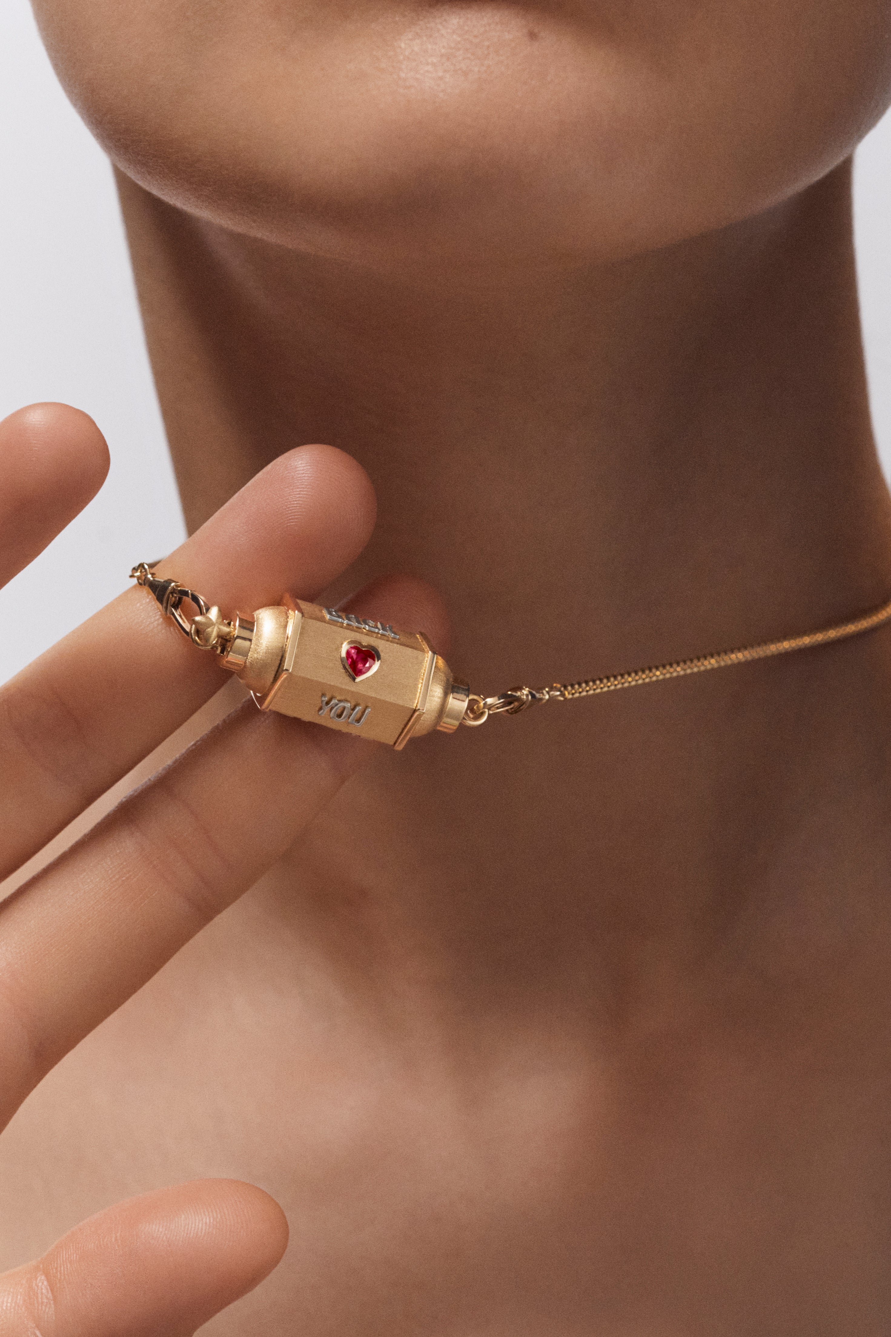 18k yellow gold ruby heart love you to the moon locket pendant necklace by Marie Lichtenberg Tiny Gods 