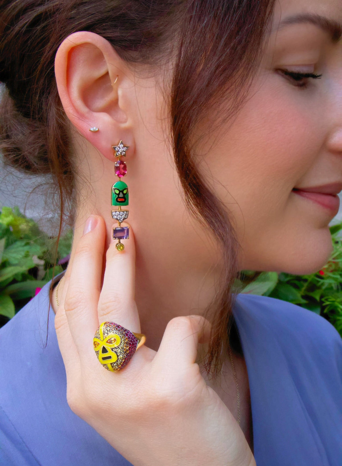 18k yellow gold ruby orange sapphire enamel destroyer ring by Francesca Villa Tiny Gods