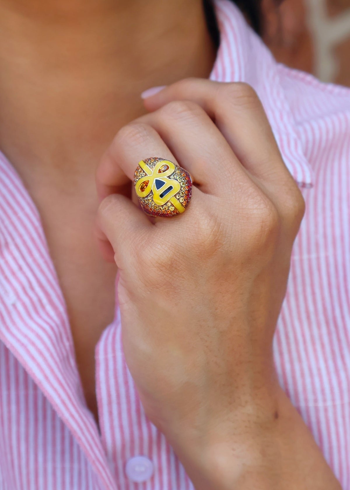 18k yellow gold ruby orange sapphire enamel destroyer ring by Francesca Villa Tiny Gods