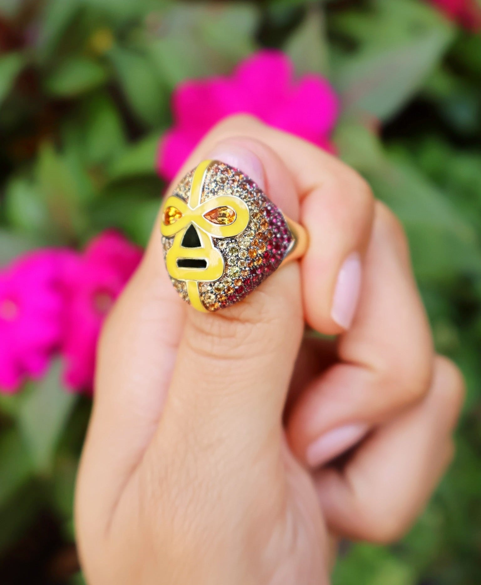 18k yellow gold ruby orange sapphire enamel destroyer ring by Francesca Villa Tiny Gods