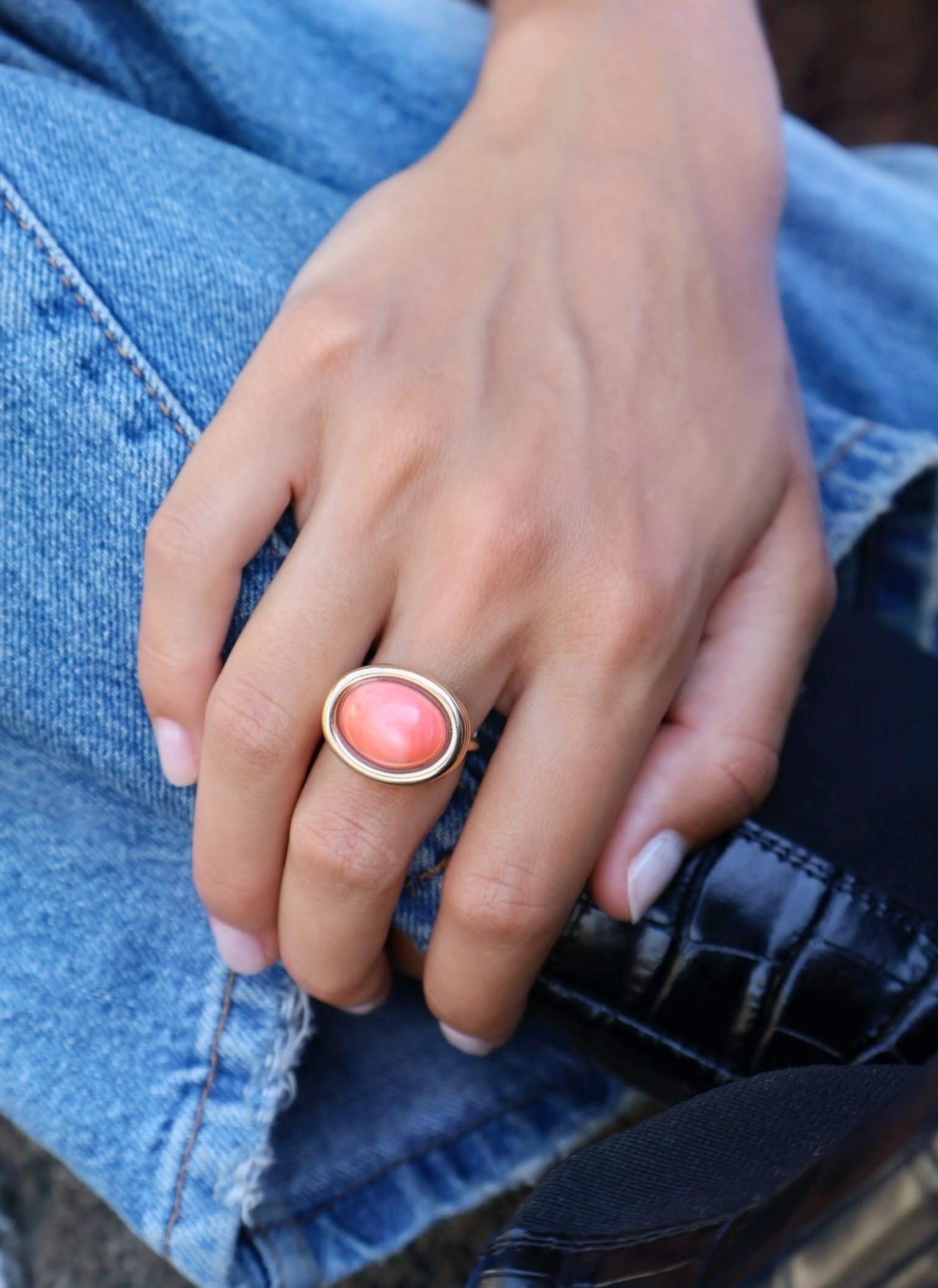 18k yellow gold oval cabochon coral triple bezel scuba ring by Beck Tiny Gods 