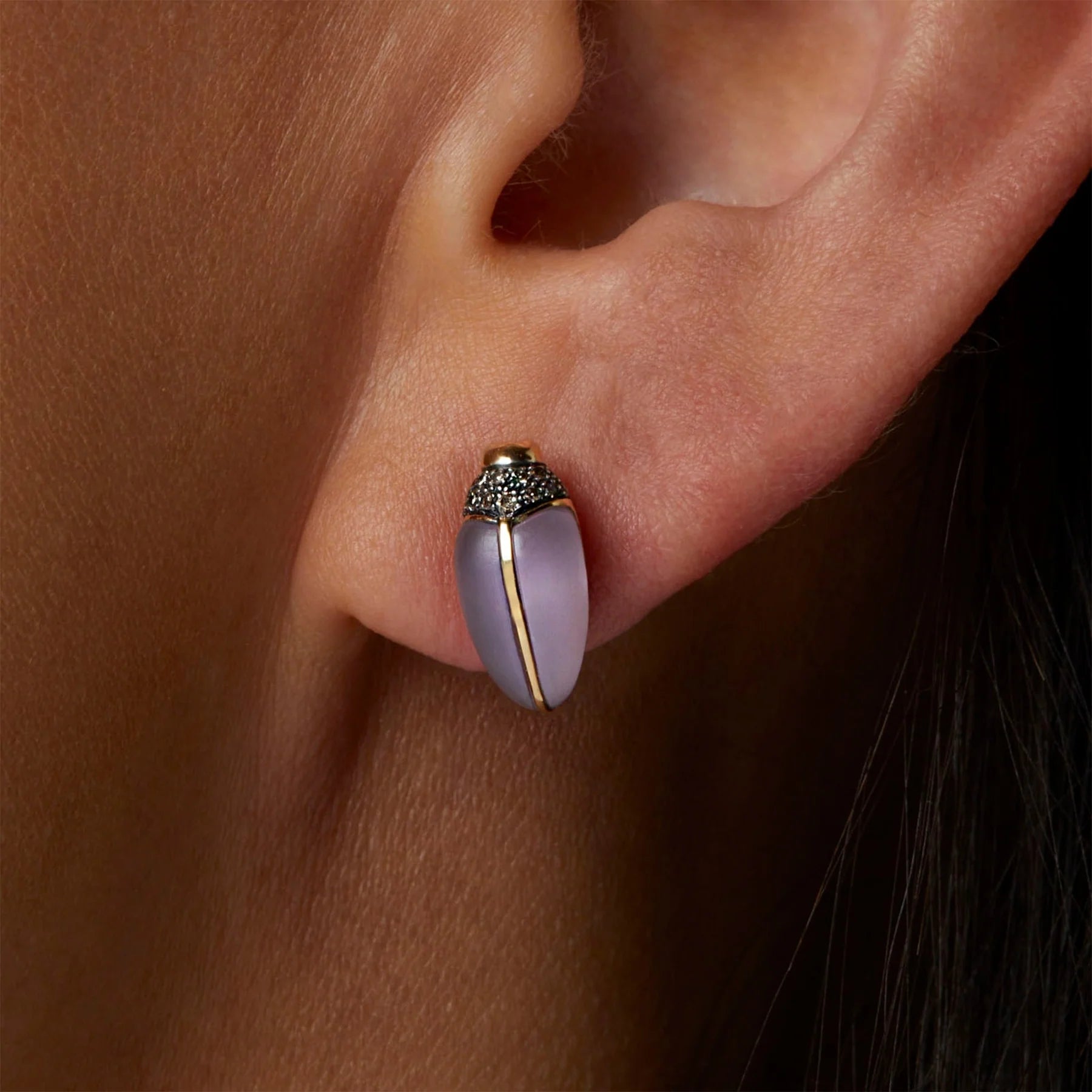 18k yellow gold and sterling silver amethyst scarab stud earring by Bibi van der Velden Tiny Gods 