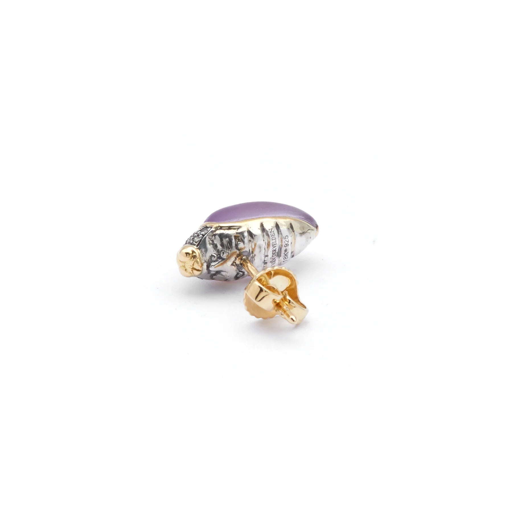 18k yellow gold and sterling silver amethyst scarab stud earring by Bibi van der Velden Tiny Gods 