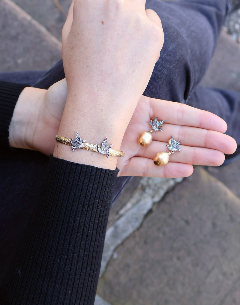 18k yellow gold hand etched diamond love bird cuff bracelet by Arman Sarkisyan Tiny Gods