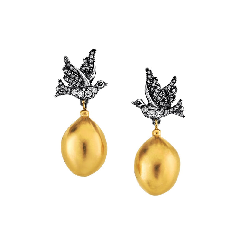 18k yellow gold and oxidized silver diamond love bird and golden ball drop earrings by Arman Sarkisyan Tiny Gods