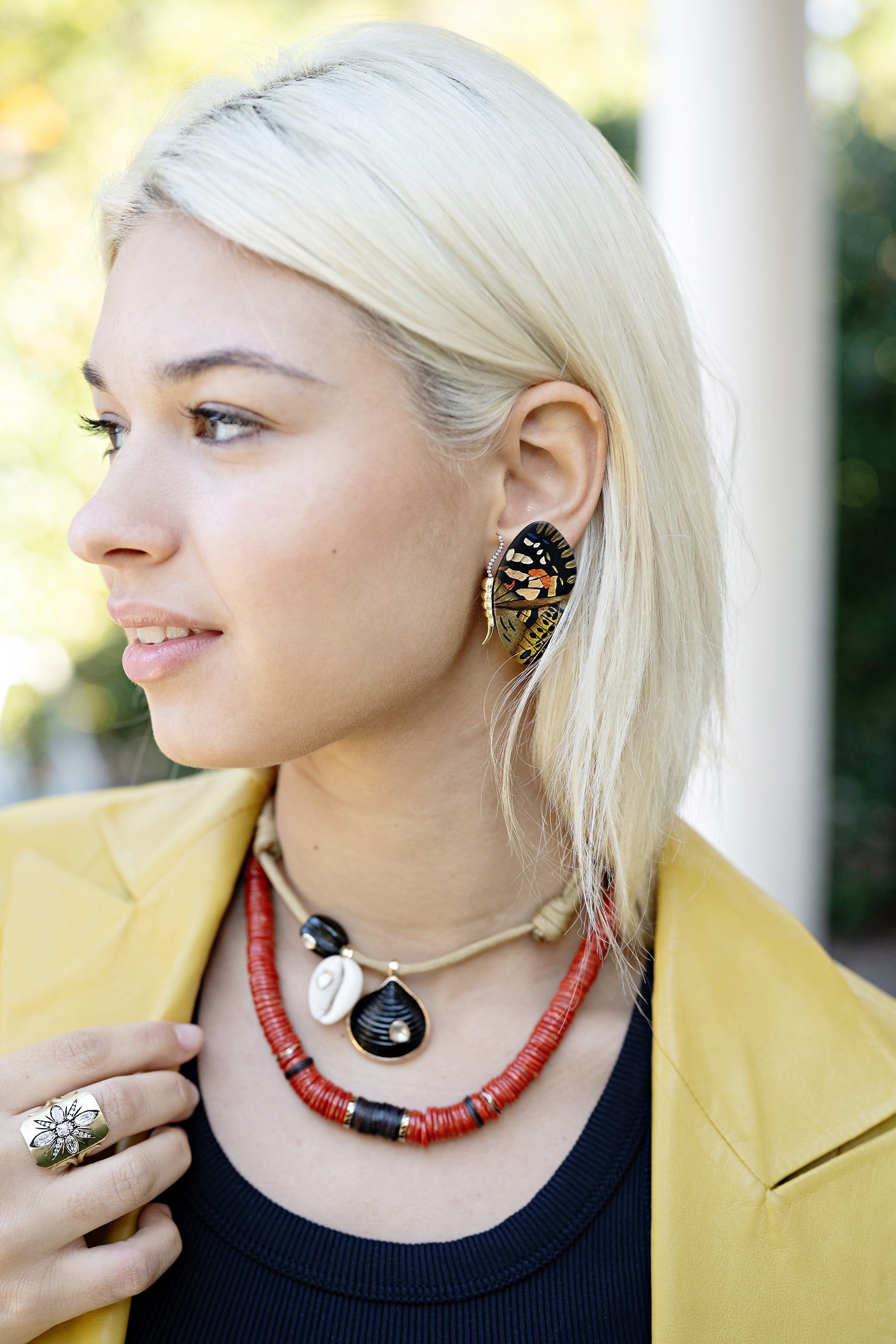 18k yellow gold mixed brown tone small butterfly wing marquetry earrings by Silvia Furmanovich Tiny Gods 