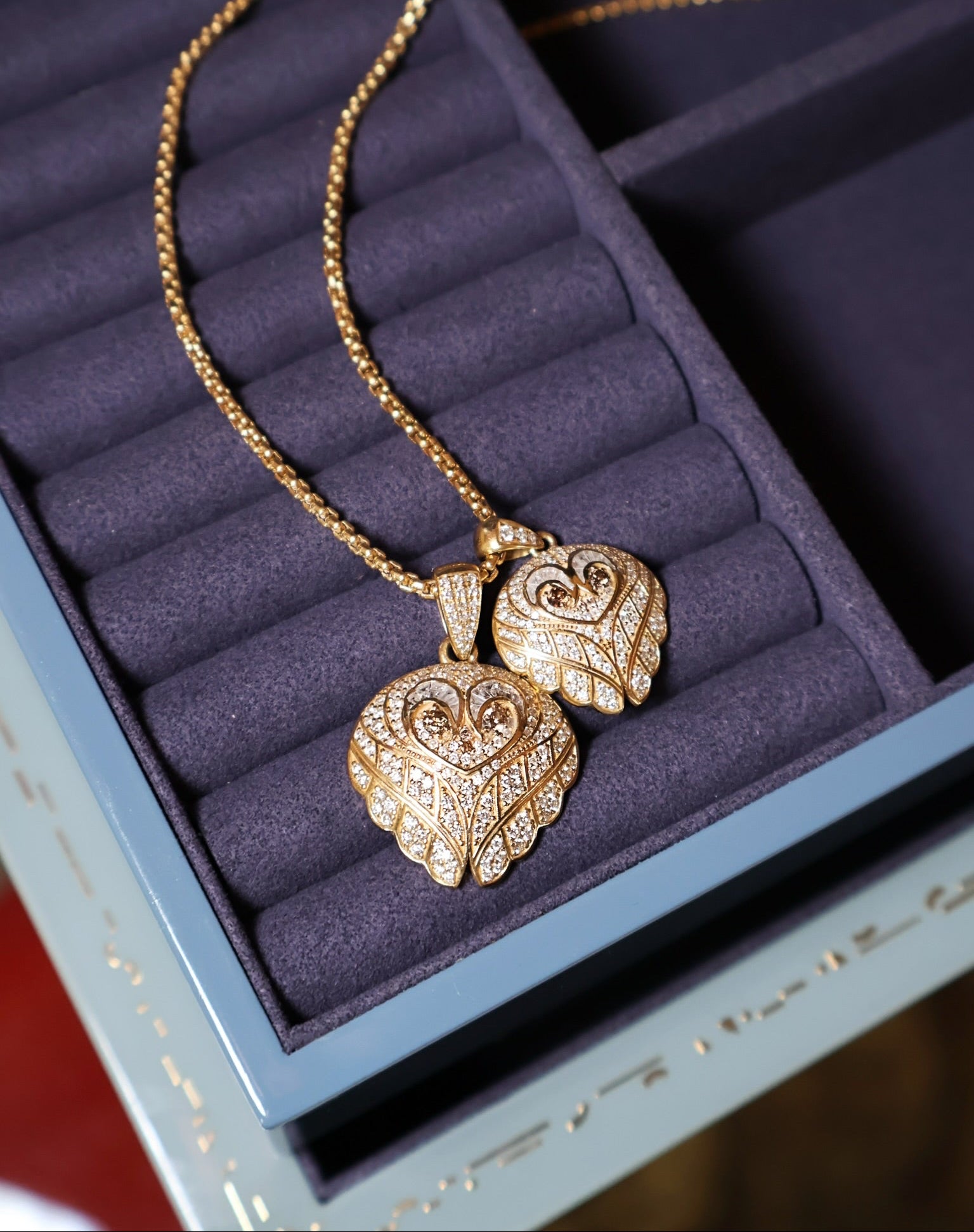 18k yellow gold diamond pave owl wing charm pendant with champagne diamond eyes by Loraida Tiny Gods 