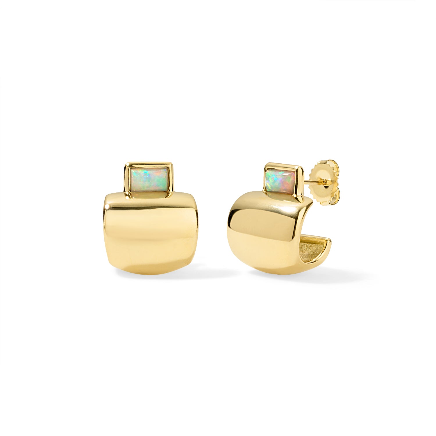 18k yellow gold small opal cowbell earrings by Jade Ruzzo Tiny Gods 