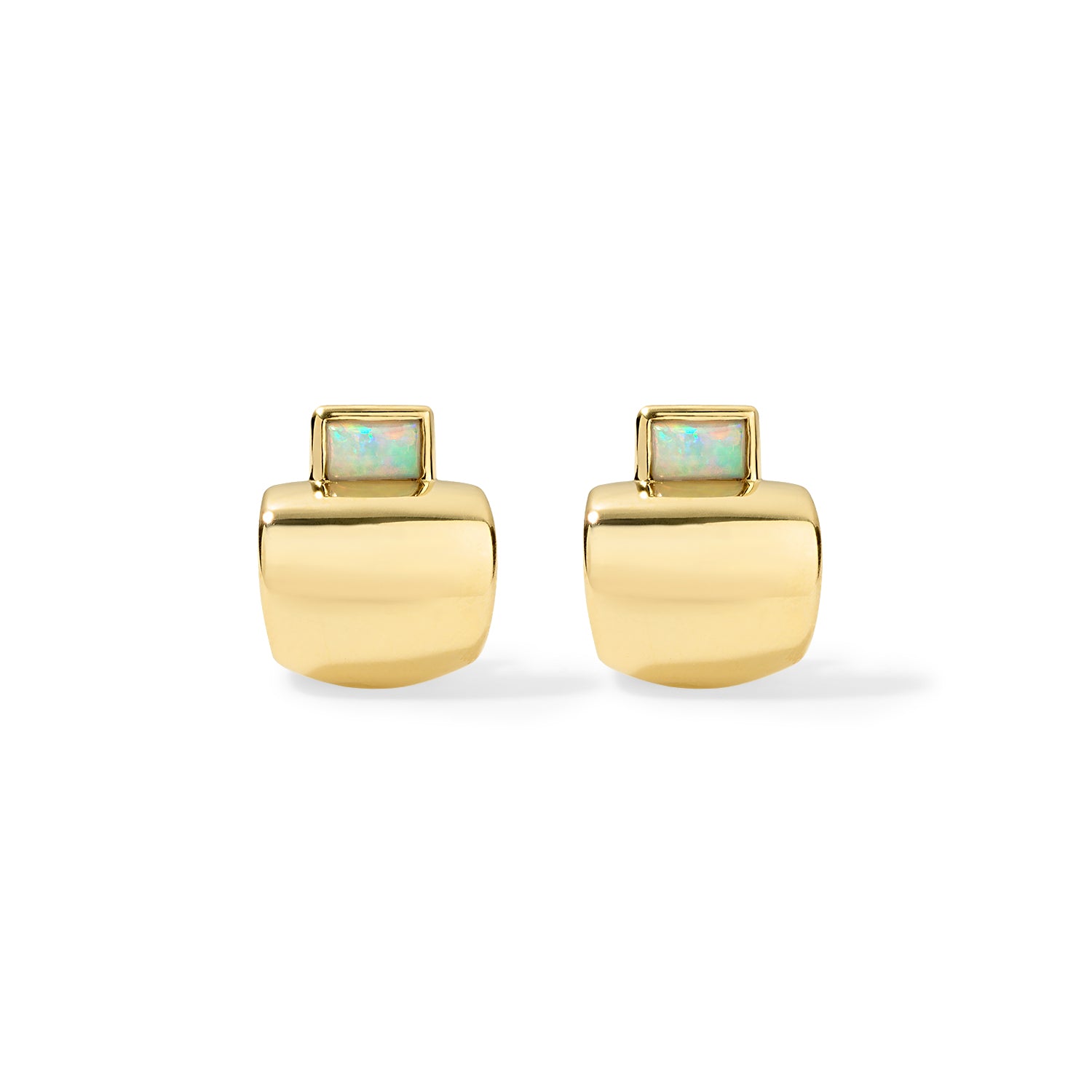 18k yellow gold small opal cowbell earrings by Jade Ruzzo Tiny Gods 