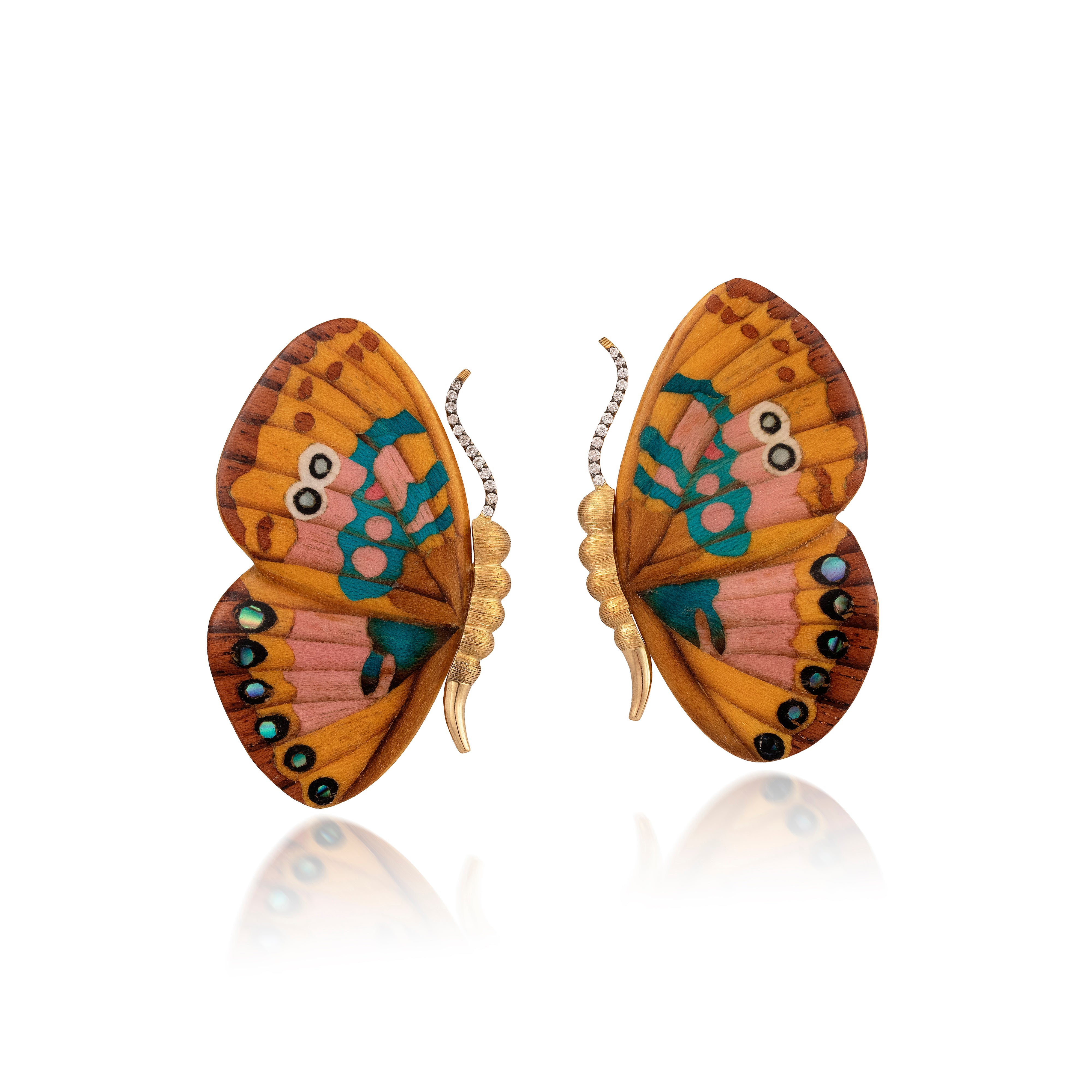 18k yellow gold small yellow and pink blue mother or pearl and abalone inlay marquetry wood butterfly wing earrings by Silvia Furmanovich Tiny Gods 