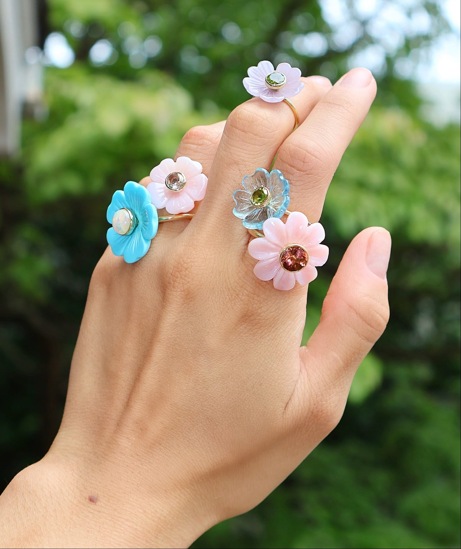 18k yellow gold hand carved purple yittrum fluoride flower ring with green peridot by Sophie Joanne Tiny Gods