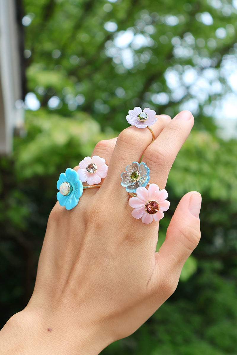 18k yellow gold hand carved purple yittrum fluoride flower ring with green peridot by Sophie Joanne Tiny Gods